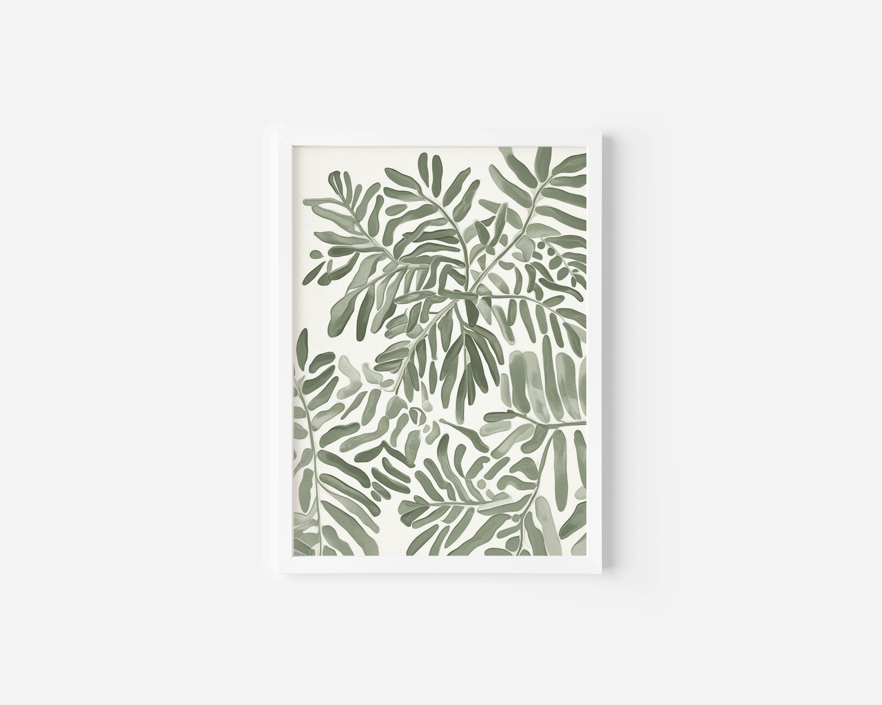 Single neutral botanical leaf wall art print featuring soft green foliage illustrated on a light background, shown as a white framed canvas print with a clean minimalist presentation