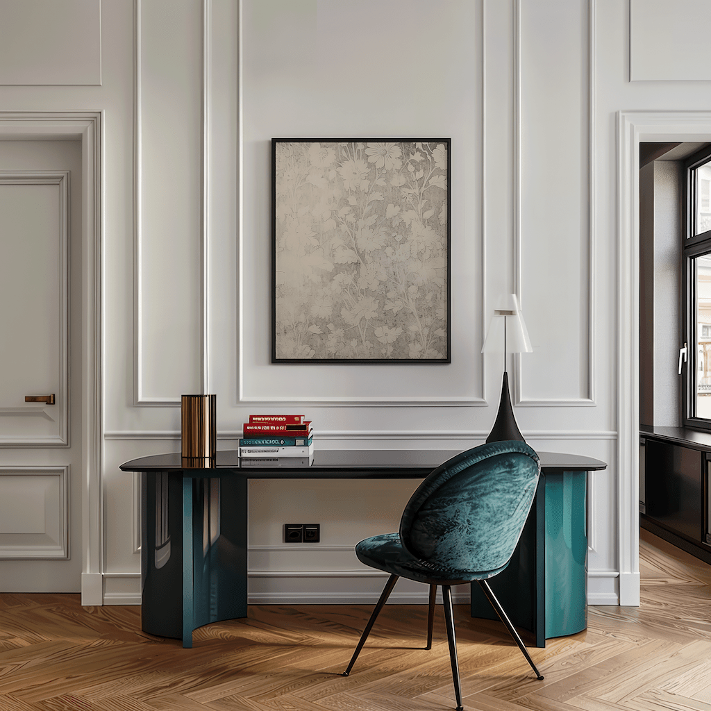 framed botanical wall art in modern home office with desk and natural light