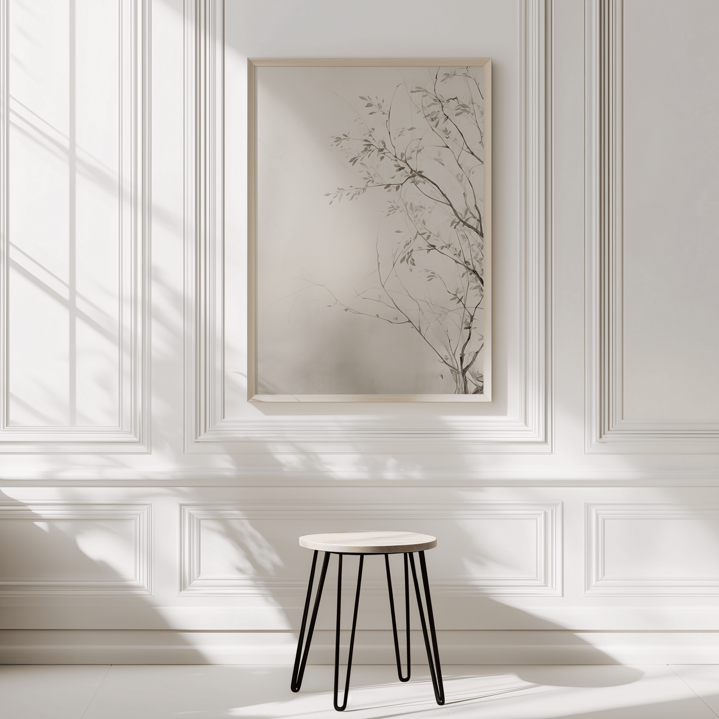 Neutral botanical wall art in natural wood frame on white wall with classic molding