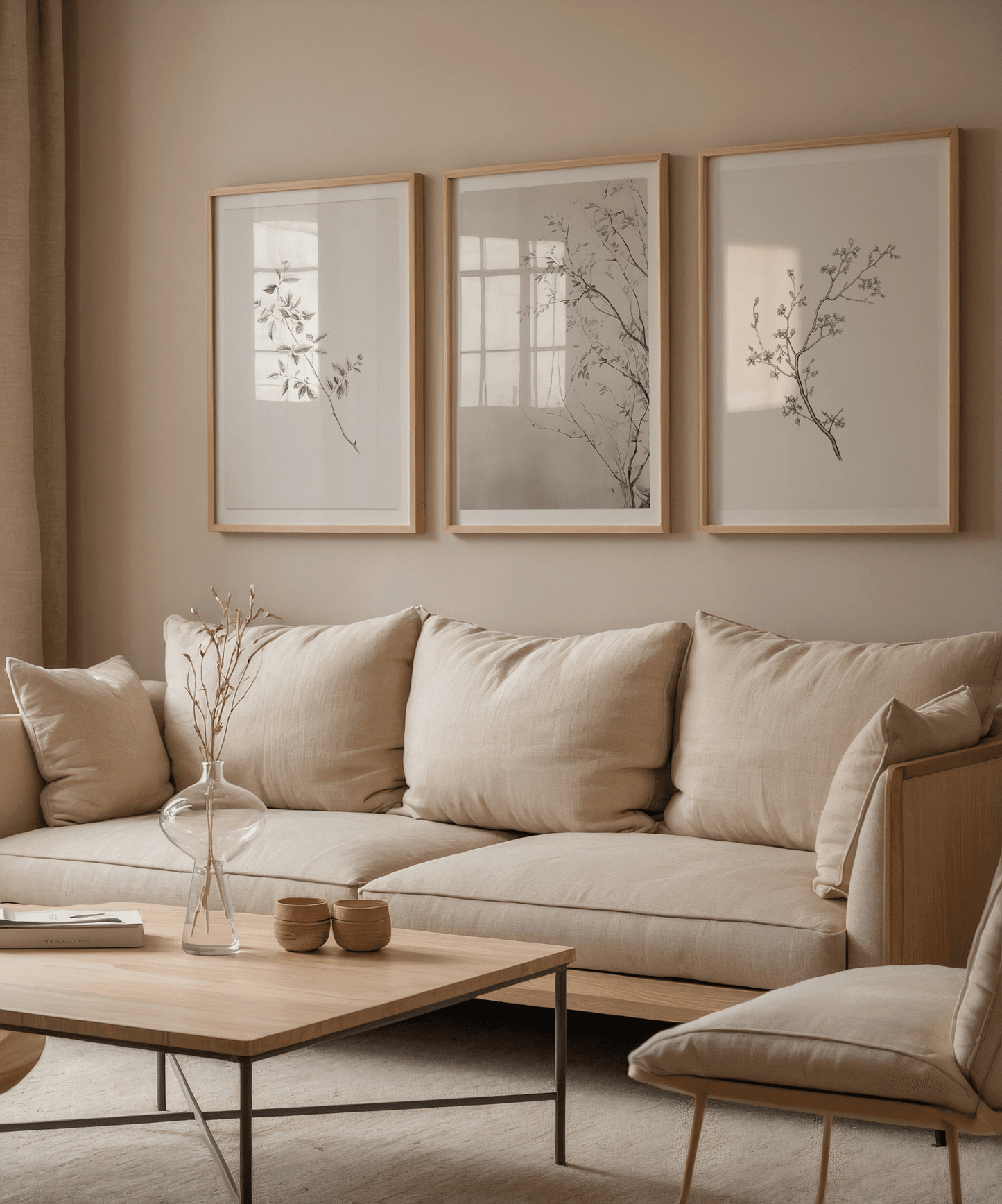 set of three large framed neutral botanical wall art prints featuring delicate floral line sketch drawing prints in black and white