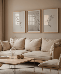 set of three large framed neutral botanical wall art prints featuring delicate floral line sketch drawing prints in black and white