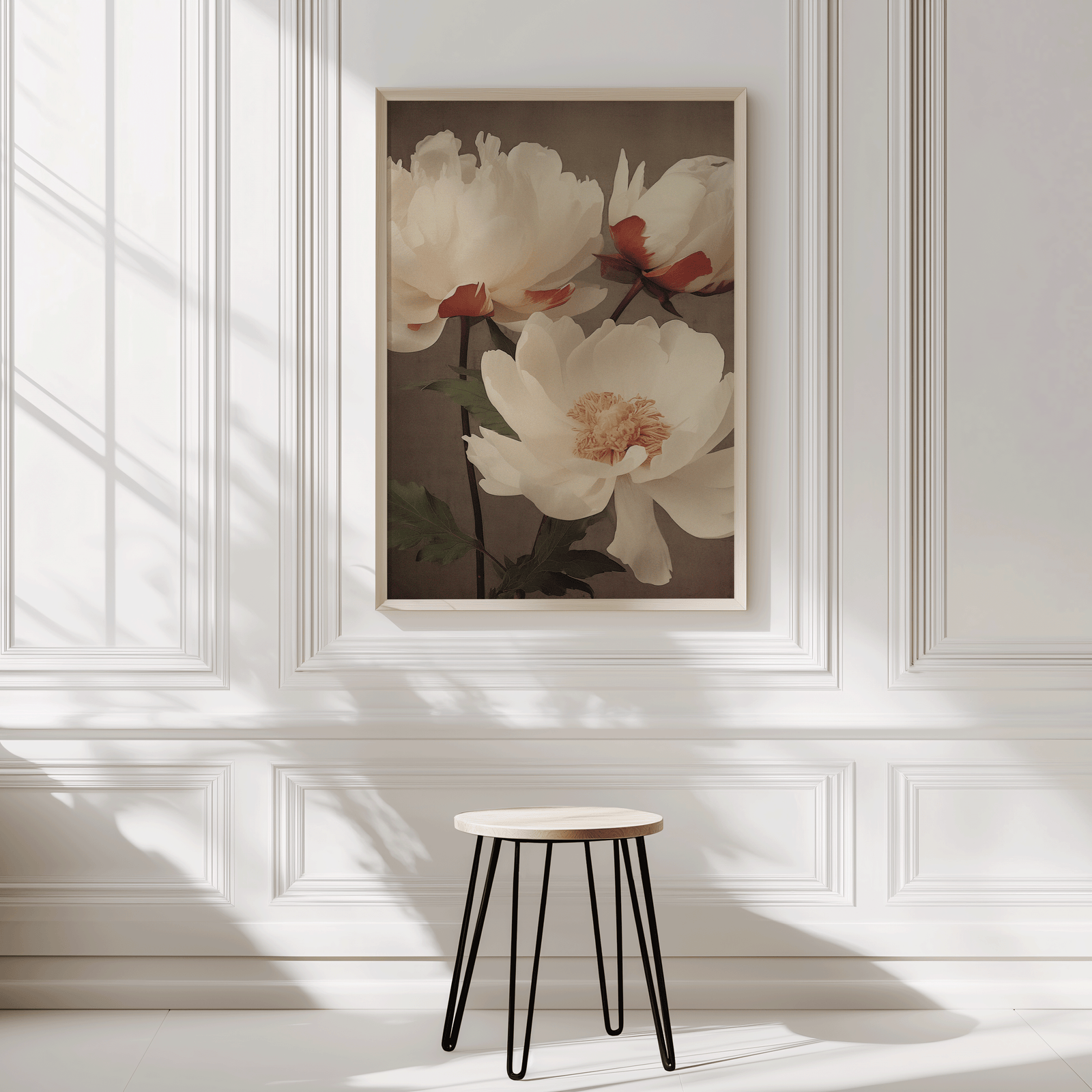 Large white lotus botanical wall art in neutral wooden frame with sunlight on a white wall and a small stool