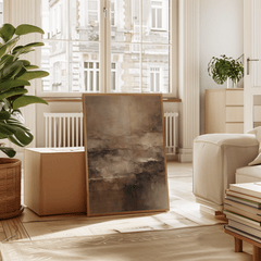 Neutral moody abstract wall art leaning against an object in a modern condo or apartment living space with large windows and natural light
