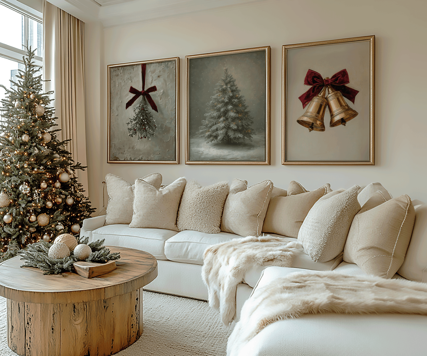 neutral christmas gallery wall featuring vintage mistletoe artwork, snowy christmas tree painting, and gold holiday bells print displayed above a beige sectional sofa with cozy winter decor in a modern living room
