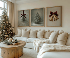 Neutral Christmas gallery wall with mistletoe, snowy Christmas tree and gold bells prints above a beige sectional