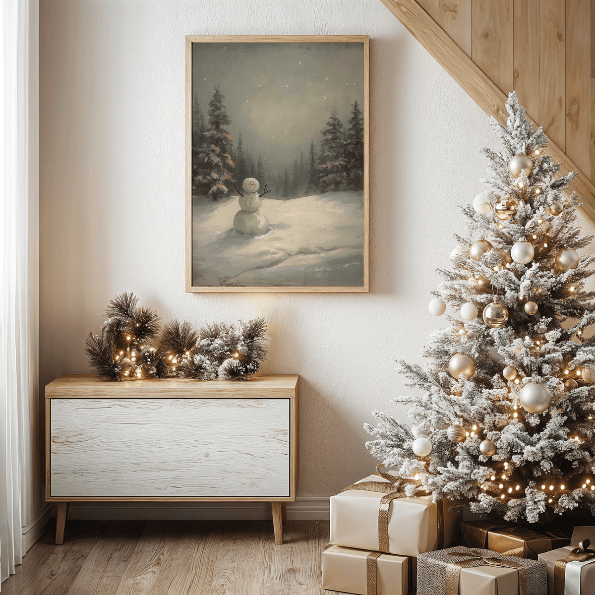 Vintage snowman wall art above a console beside a flocked Christmas tree with gold ornaments in a winter hallway