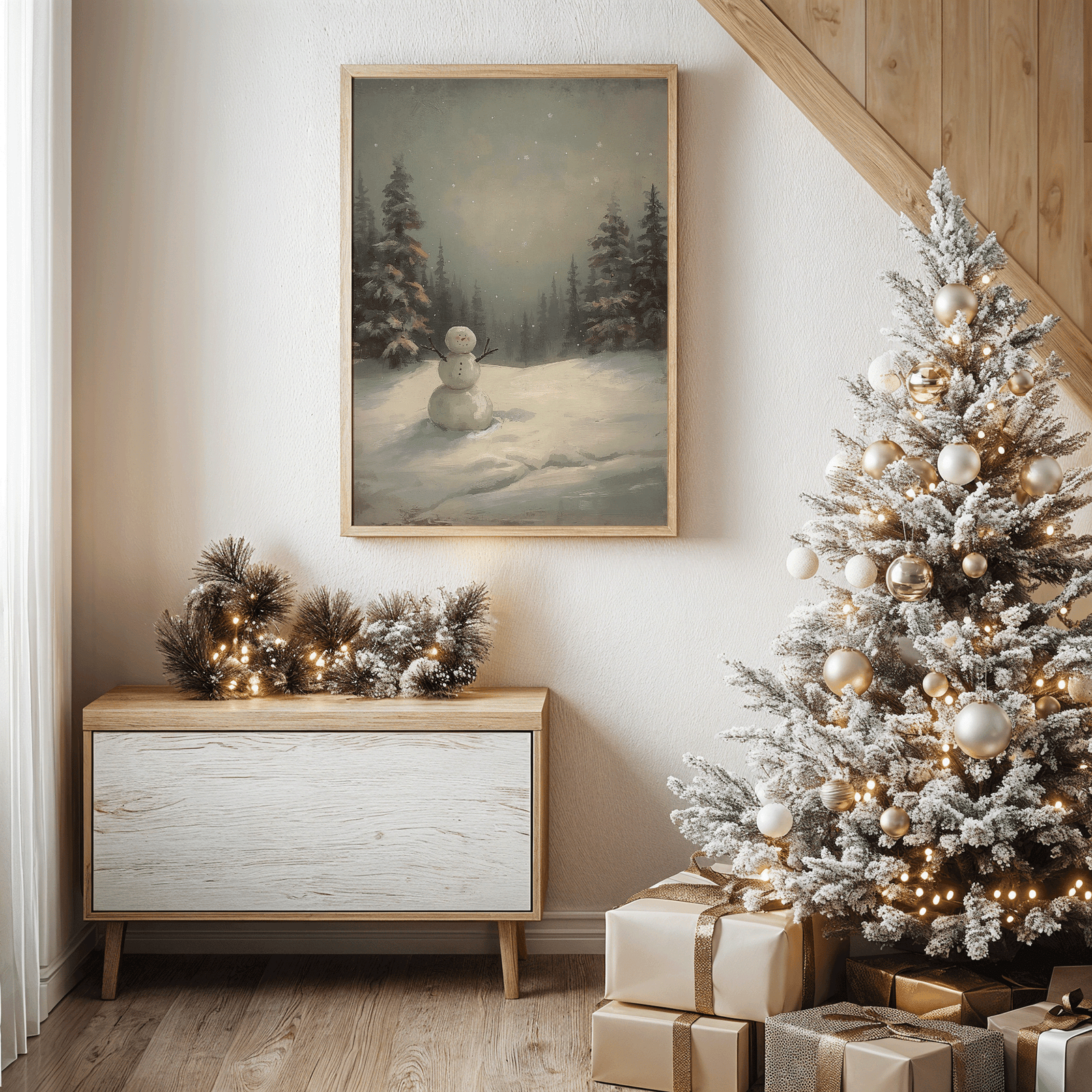 Rustic snowman painting hanging above console with flocked Christmas tree and gold ornaments in cozy winter hallway
