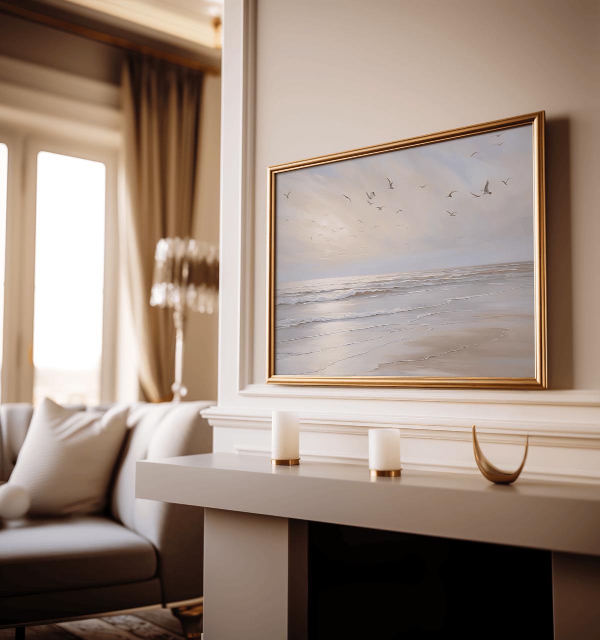 Neutral coastal beach wall art print framed in gold above mantel with candles — tranquil ocean scene artwork for modern living room or coastal home décor