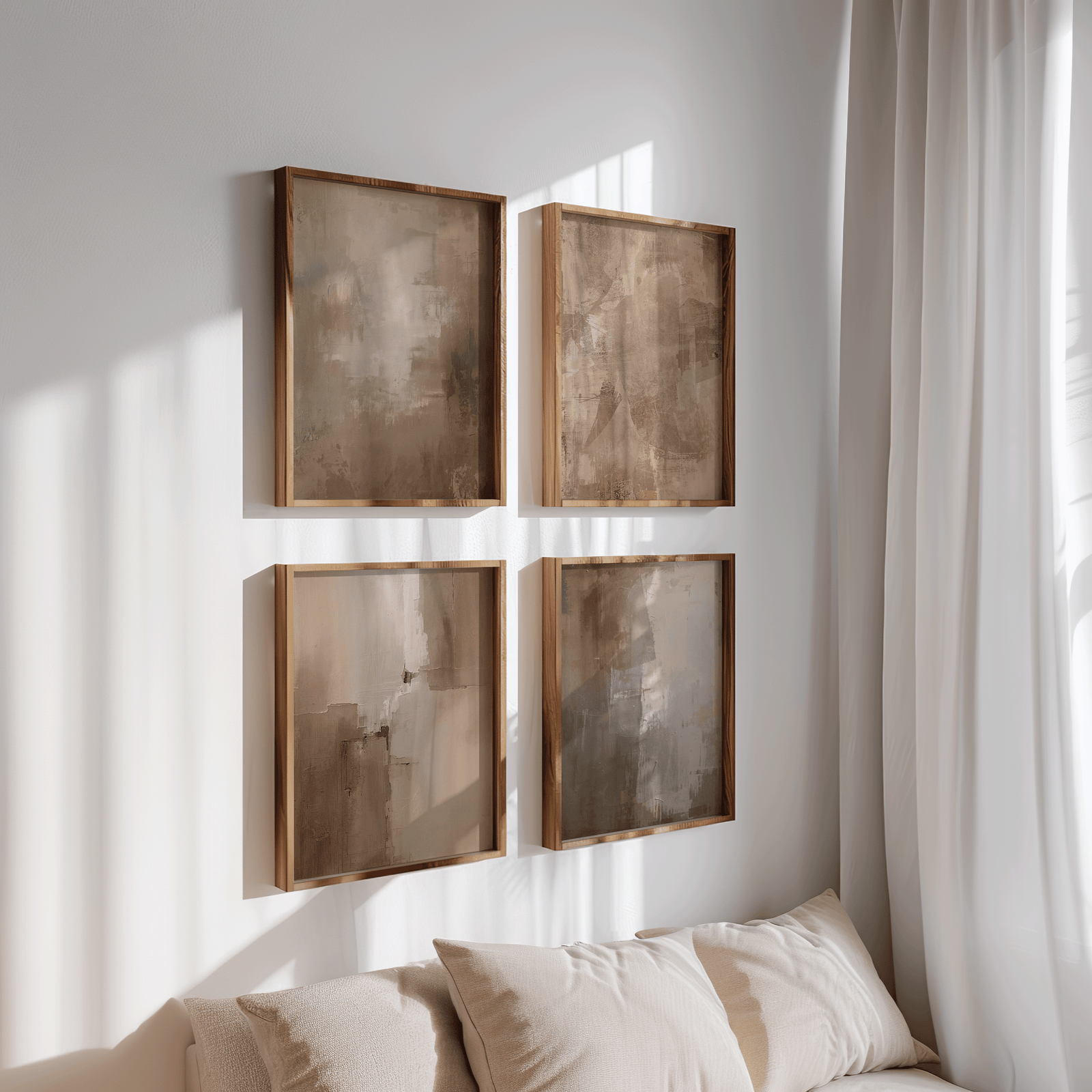 Set of four warm beige and brown large abstract art prints in natural wood frames arranged in a wall grid above a beige couch