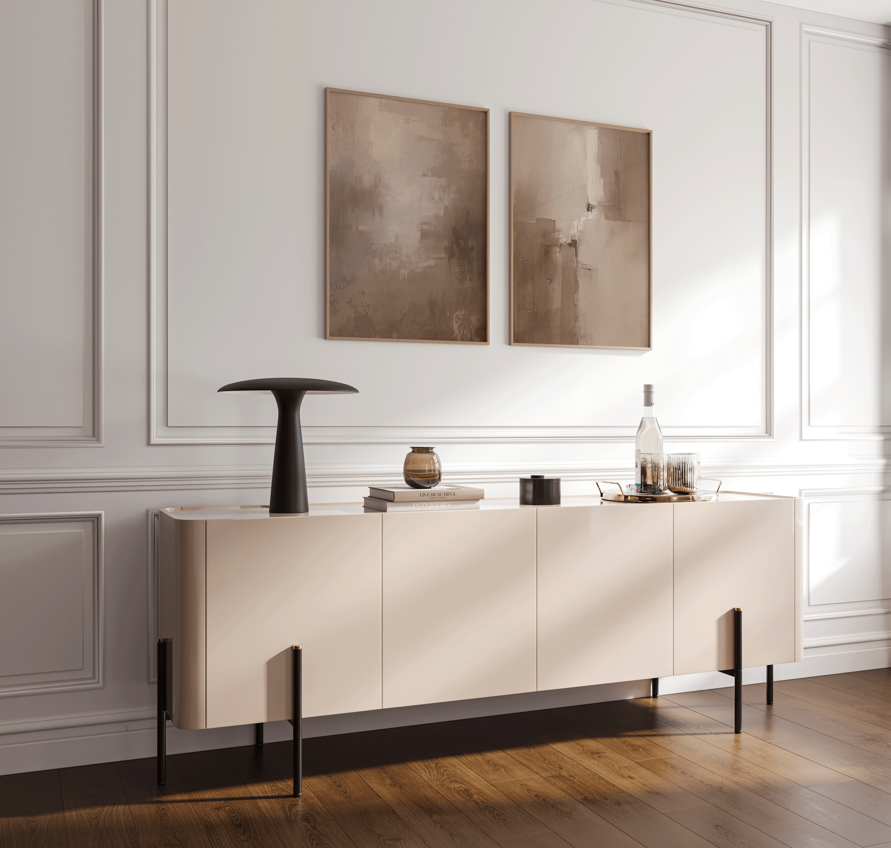 Pair of warm beige and brown abstract canvas prints in natural wood frames displayed above a modern sideboard; minimalist neutral wall art for entryways and living rooms.