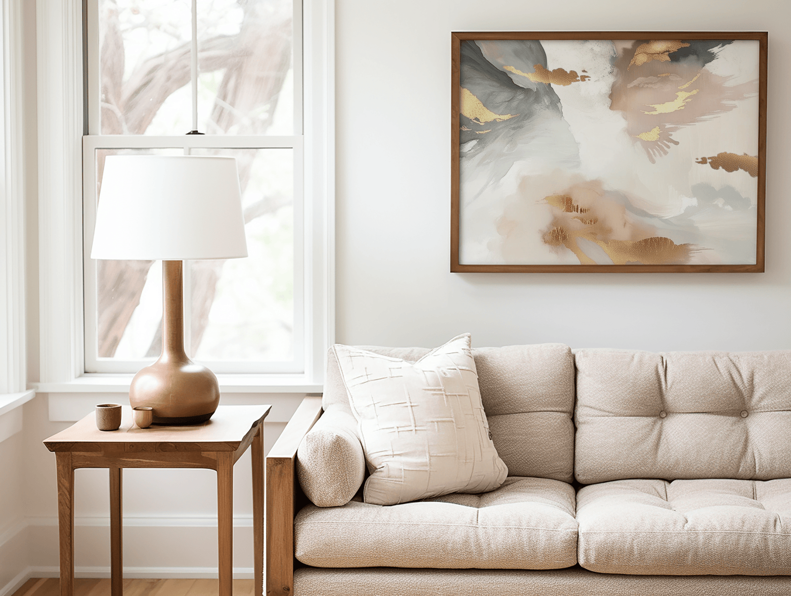 minimal neutral living room with wooden accents and a beautiful modern abstract framed canvas print above the beige tufted sofa. The artwork has a mix of blush pink tones, greys, whites and creams, and gold accents, and a wooden frame.