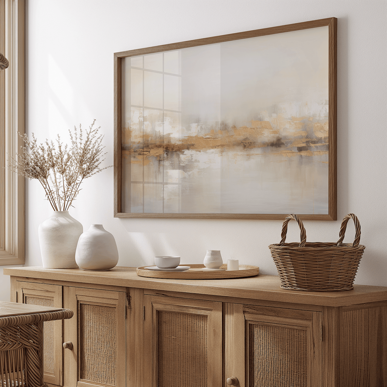 Neutral gold abstract canvas wall art framed above wooden dining room sideboard with wicker baskets