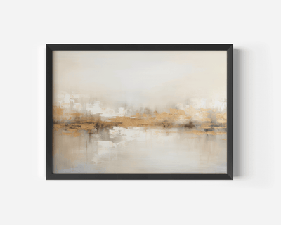 Neutral gold abstract canvas wall art close-up in sleek black frame with beige and white tones