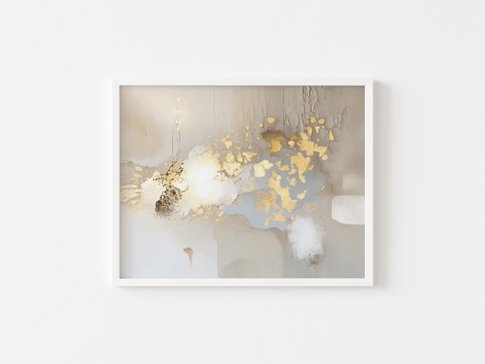White-framed abstract artwork with gold metallic, beige, taupe and white elements on a white background.