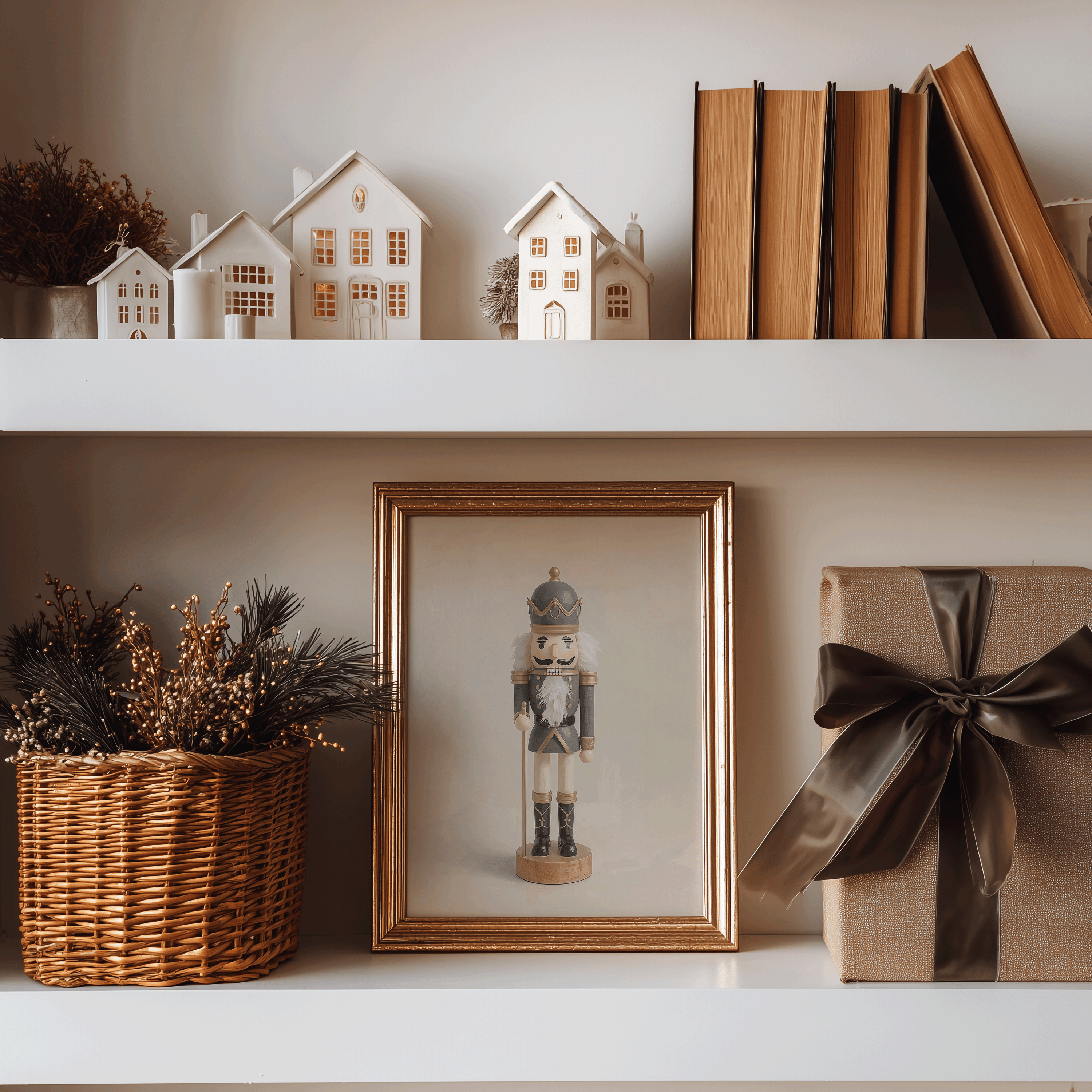 Vintage nutcracker framed print styled on a white shelf next to a wicker basket with holiday greenery and decorative ceramic village houses