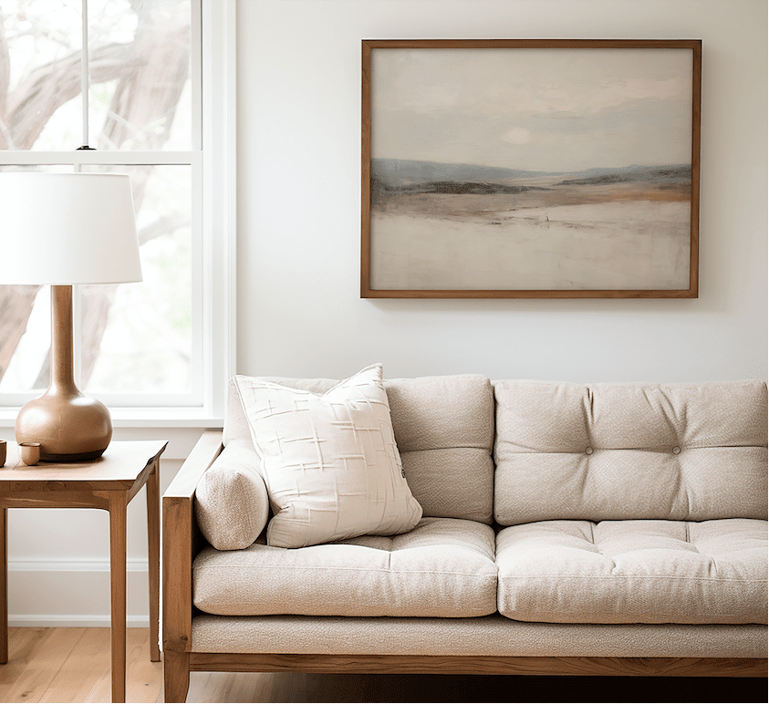 Neutral Beige and Blue Landscape Wall Art Above tufted beige Sofa with Light Wood Frame in a minimal living room