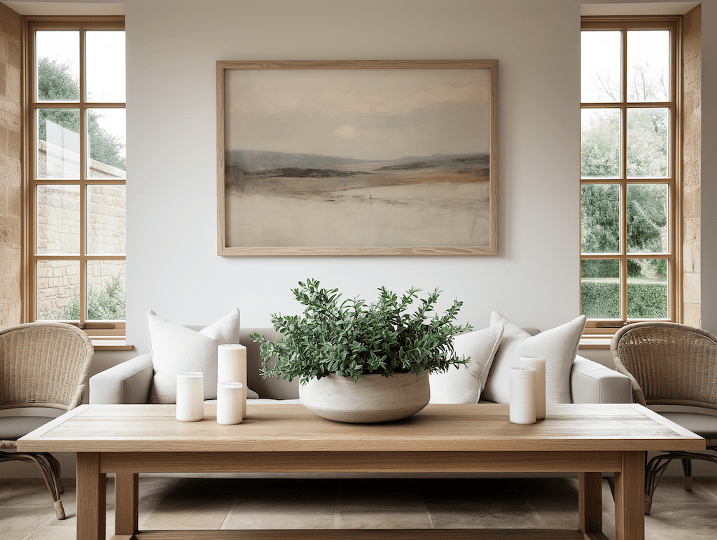 Large Neutral Landscape Wall Art Above Sofa in Bright Modern Living Room