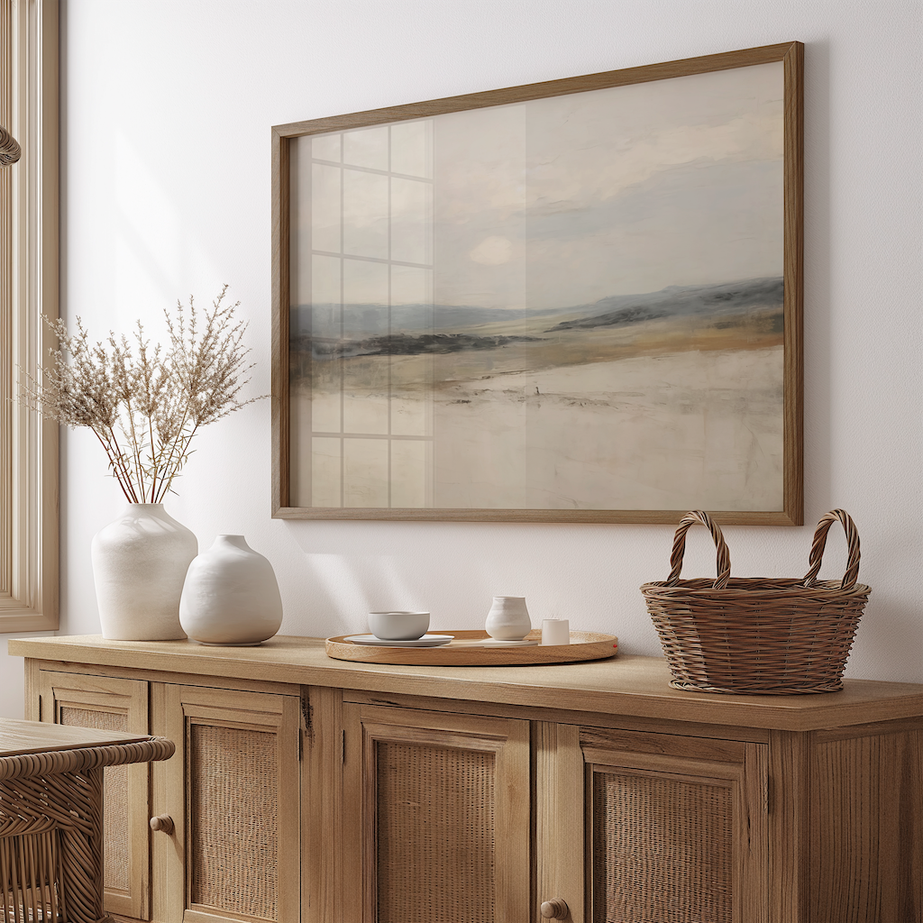Neutral Abstract Landscape Wall Art Above Wood Sideboard in Modern Organic Dining Room