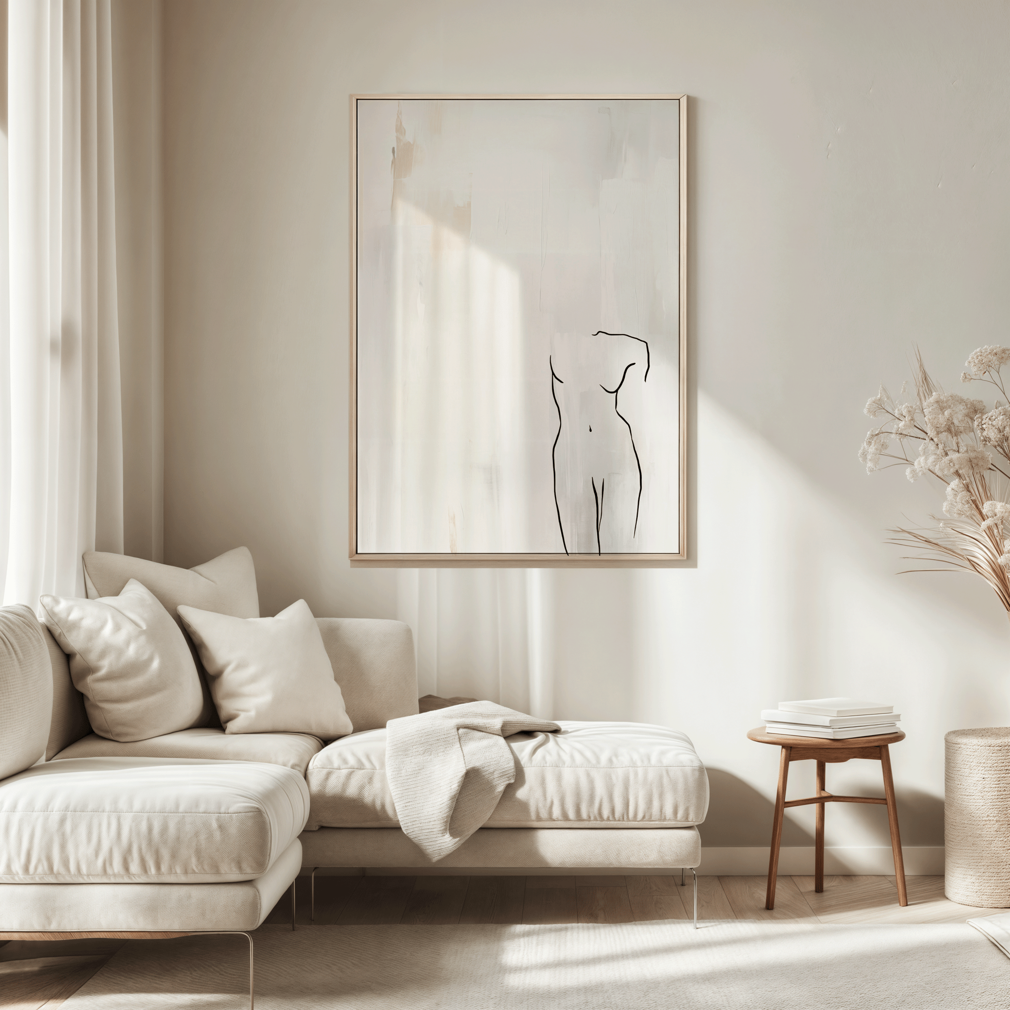 Large neutral line figure wall art framed in beige wood hanging above a cream sectional sofa in a bright minimalist living room with natural light and soft textiles