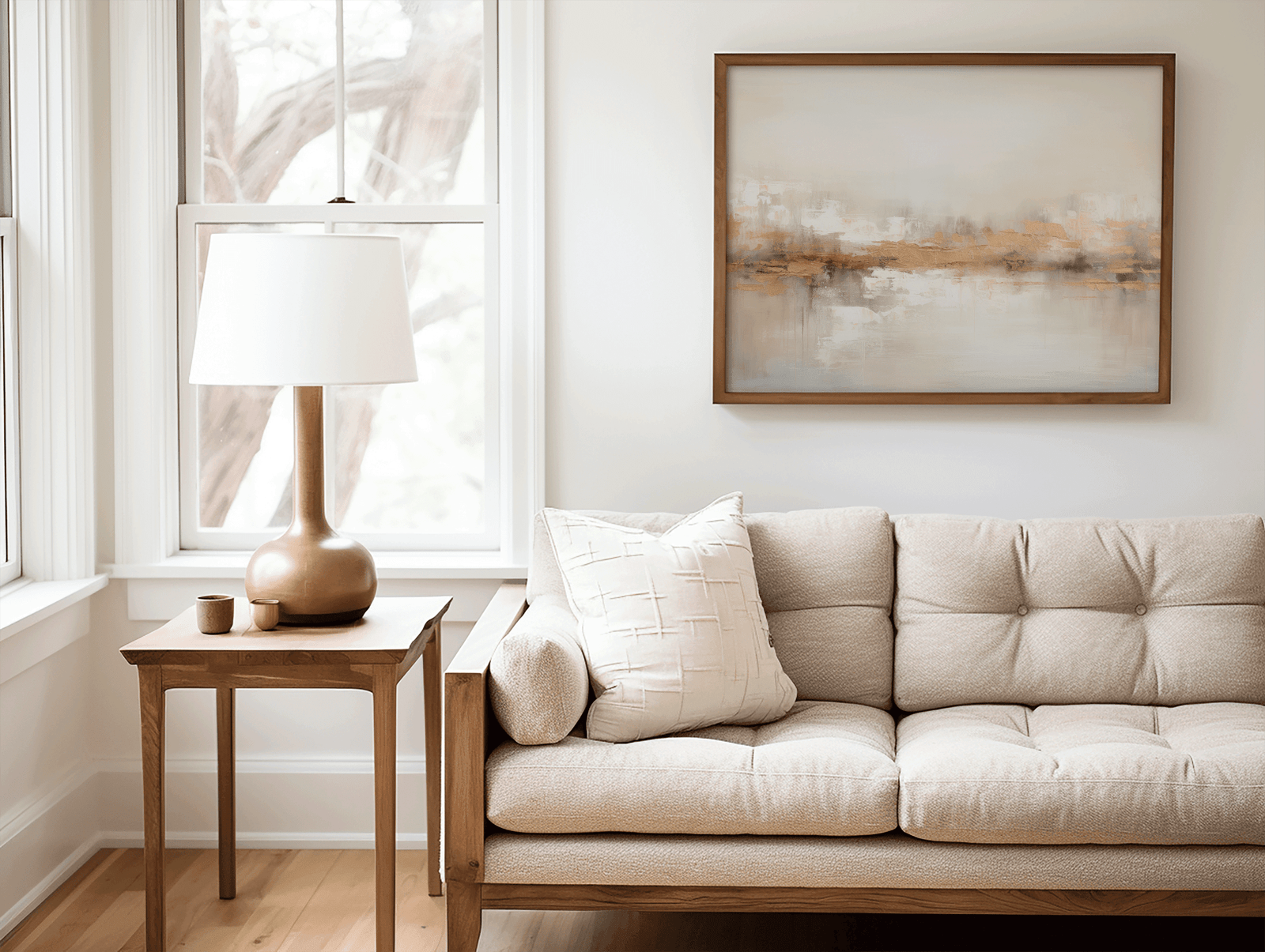 Neutral living room with beige tufted sofa and neutral gold abstract wall art framed above it