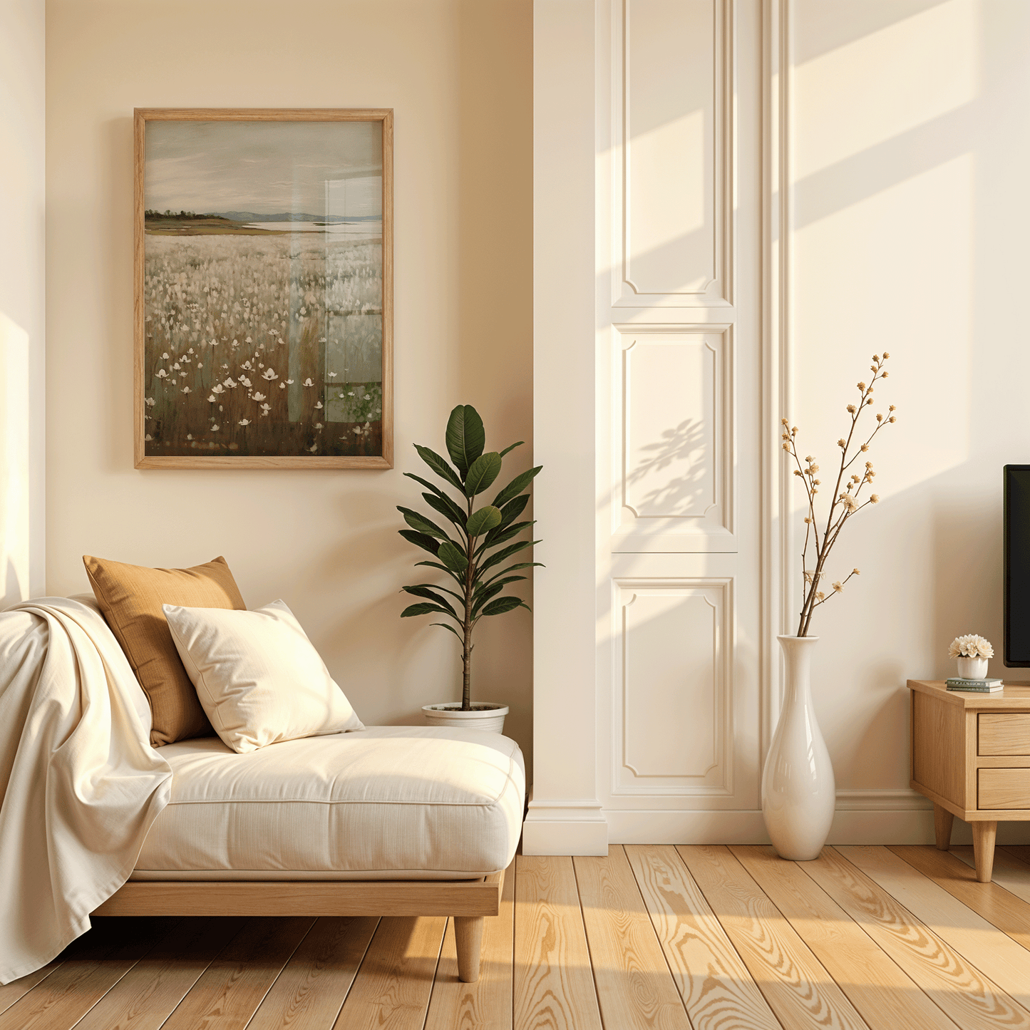 Large vintage-style nature landscape with white wildflowers framed above a neutral chaise lounge, offering muted botanical tones ideal for living rooms, hallways, and calming rustic interiors.