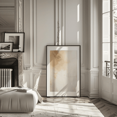 Neutral minimal abstract wall art with black frame, soft beige and cream tones, elegant wall decor for modern living room