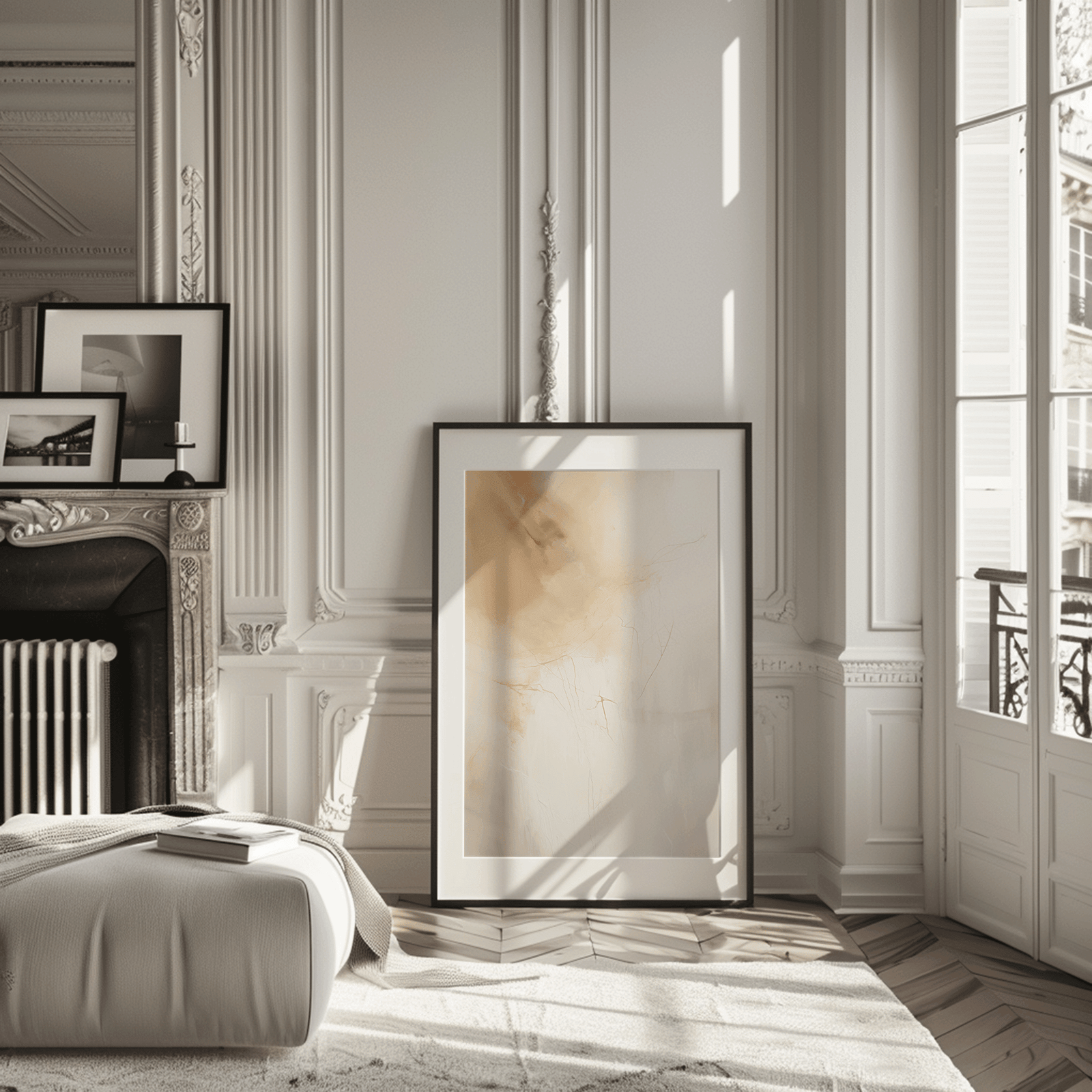 Neutral minimal abstract wall art with black frame, soft beige and cream tones, elegant wall decor for modern living room