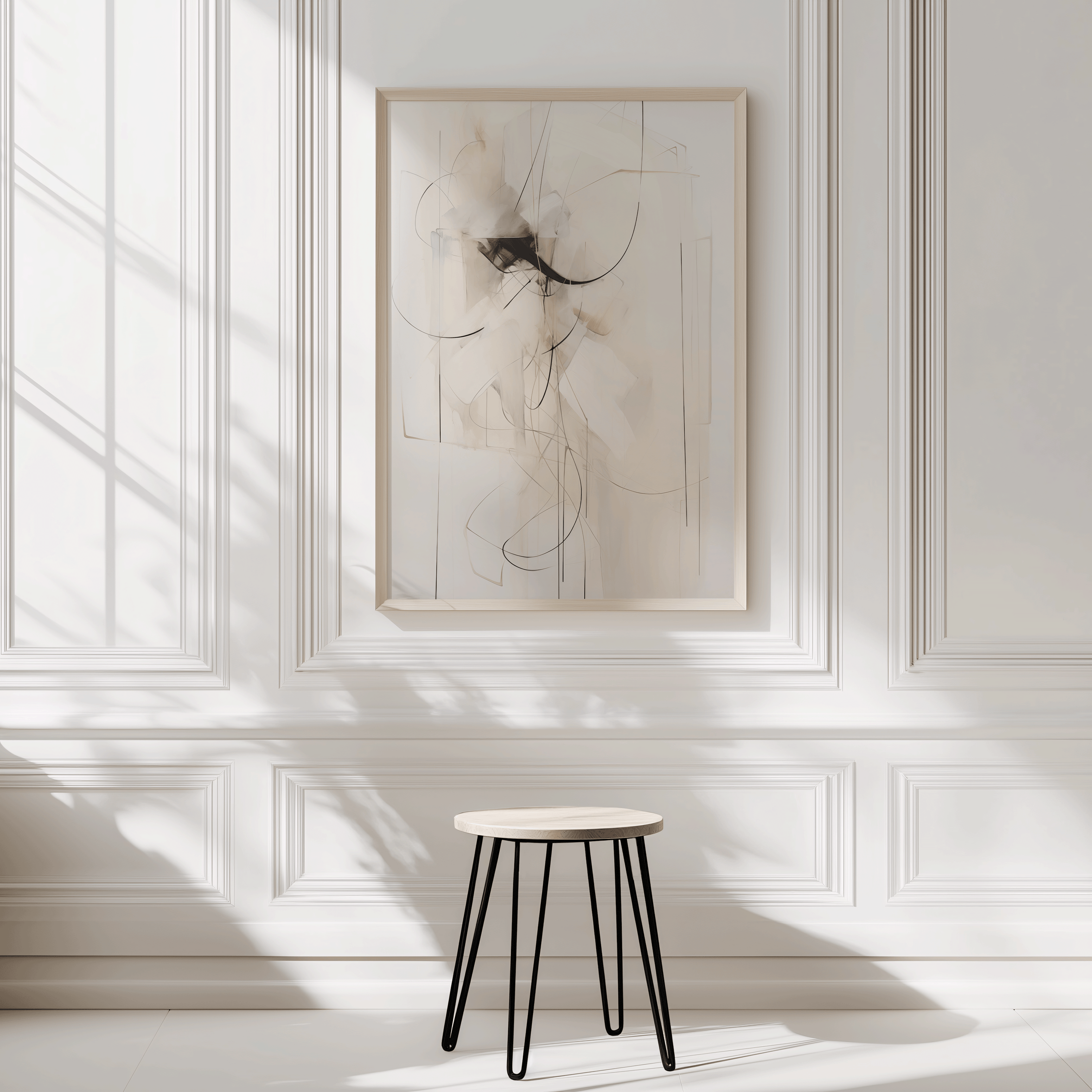 Neutral minimal abstract wall art in light wood frame hanging on sunlit white paneled wall