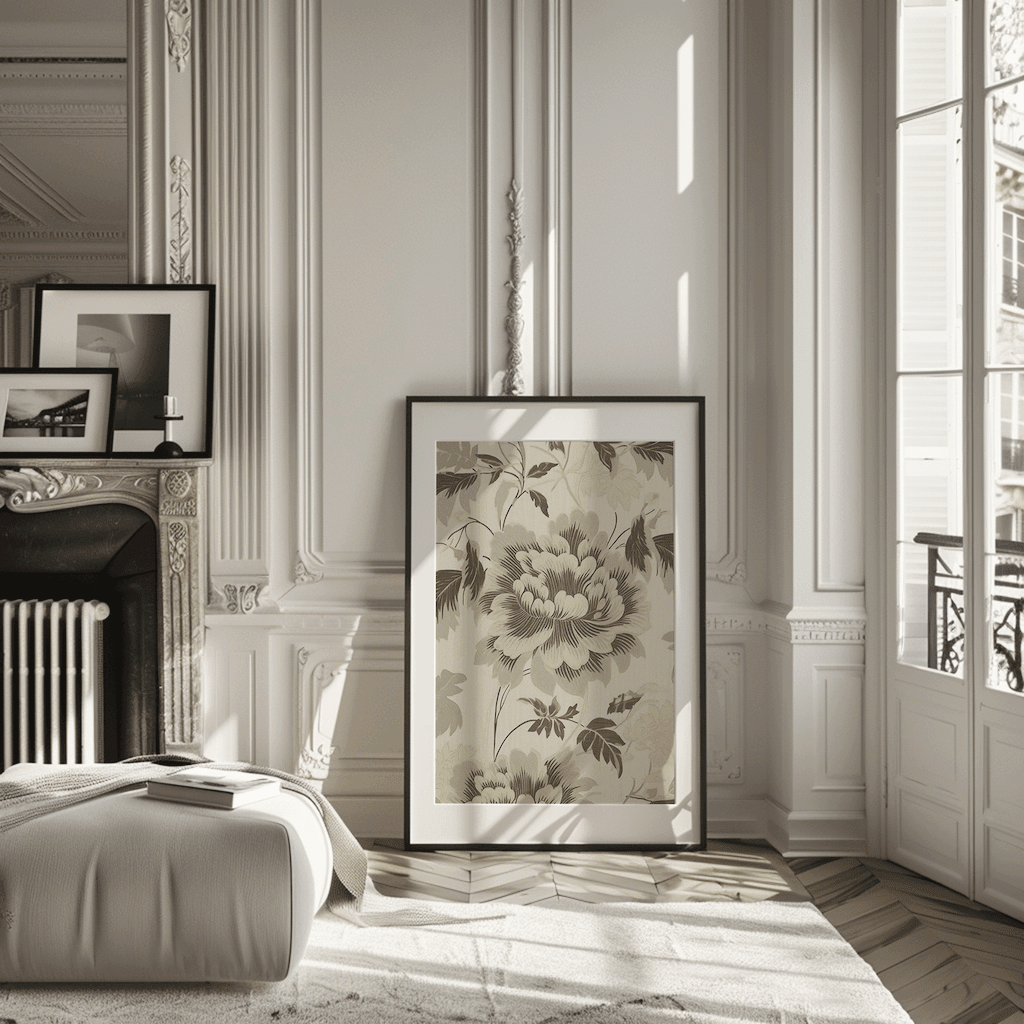 Neutral minimal creamy beige and vintage green floral wall art framed leaning against wall near window in bright natural light living room