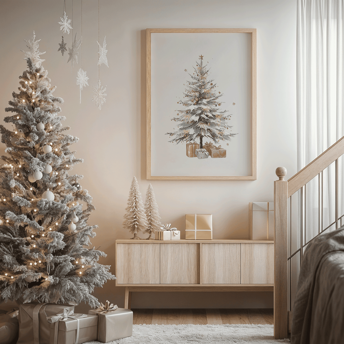 Minimal beige Christmas tree print in a neutral living room beside a frosted tree