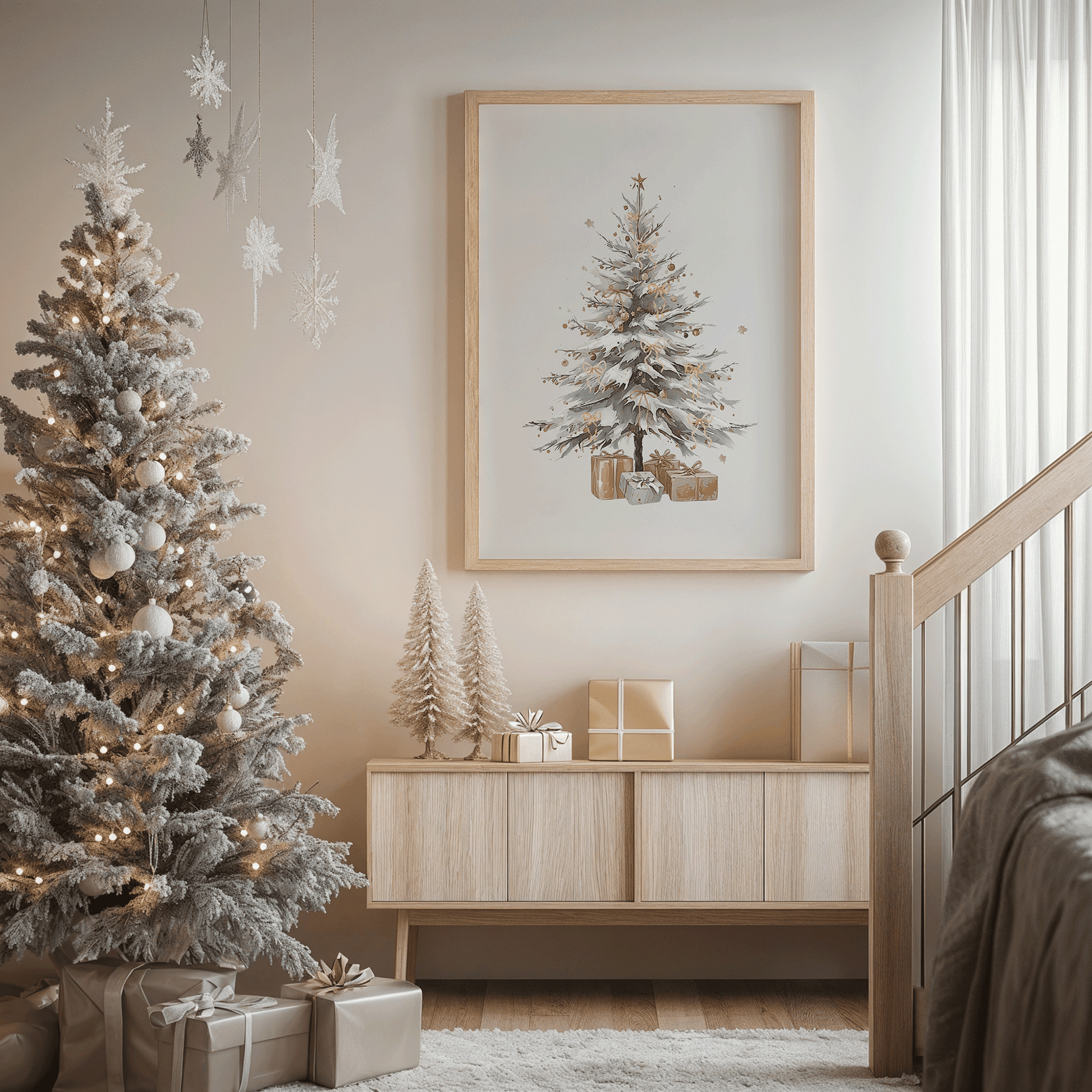 Minimalist beige Christmas tree canvas print displayed in a neutral living room beside a frosted tree, cozy modern holiday wall art