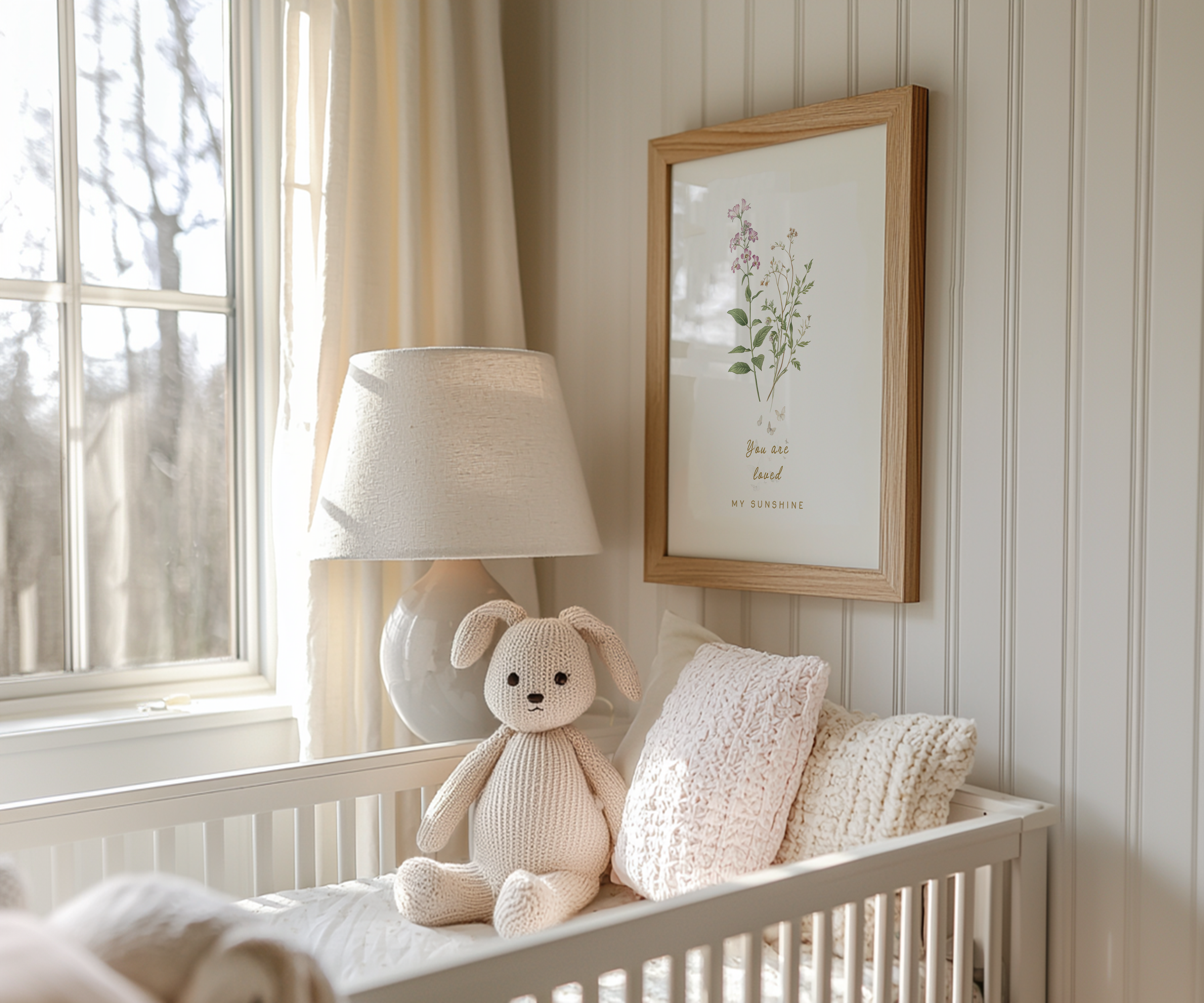 Neutral nursery wall art displayed above a crib, featuring soft botanical florals in a natural wood frame with warm light and cozy nursery decor.