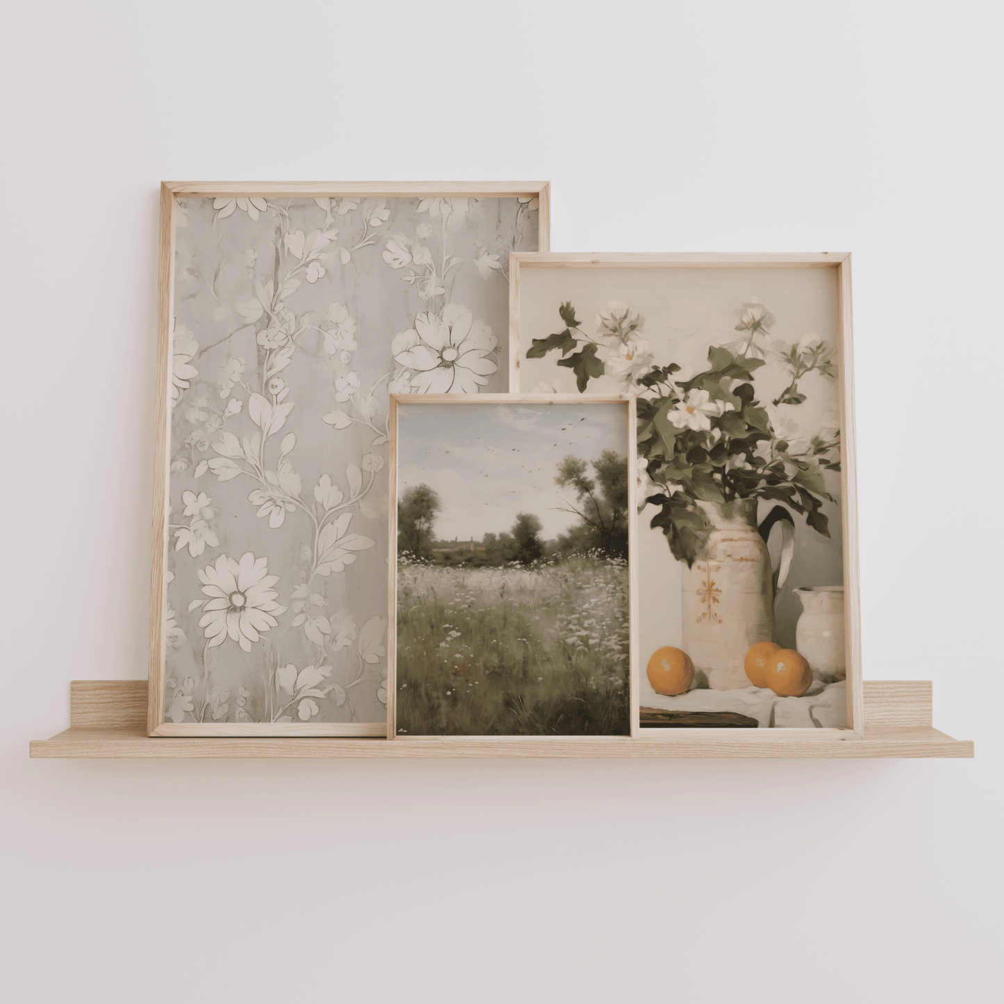 Neutral vintage wall art set with large framed canvas prints including French country floral still life artwork
