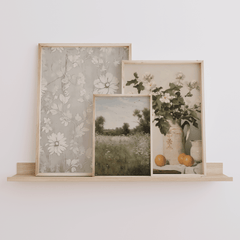Neutral vintage wall art set with large framed canvas prints including French country floral still life artwork