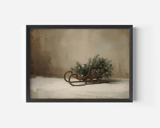 Vintage sleigh Christmas canvas wall art framed in sleek black, showing detailed winter greenery and soft neutral beige background against a clean white background. Perfect for a living room above a fireplace mantel, or hallway.