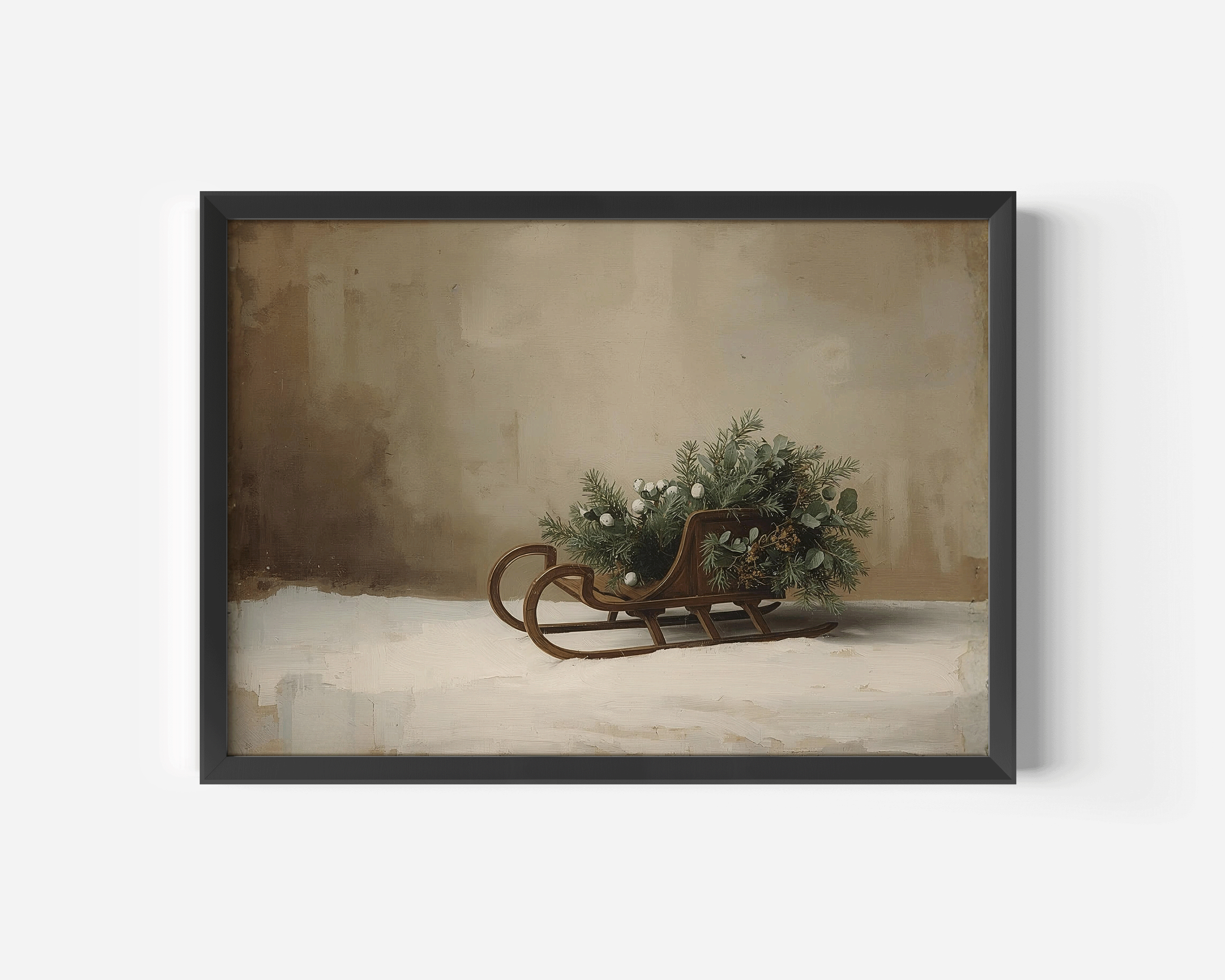 Vintage sleigh Christmas canvas wall art framed in sleek black, showing detailed winter greenery and soft neutral beige background against a clean white background. Perfect for a living room above a fireplace mantel, or hallway.