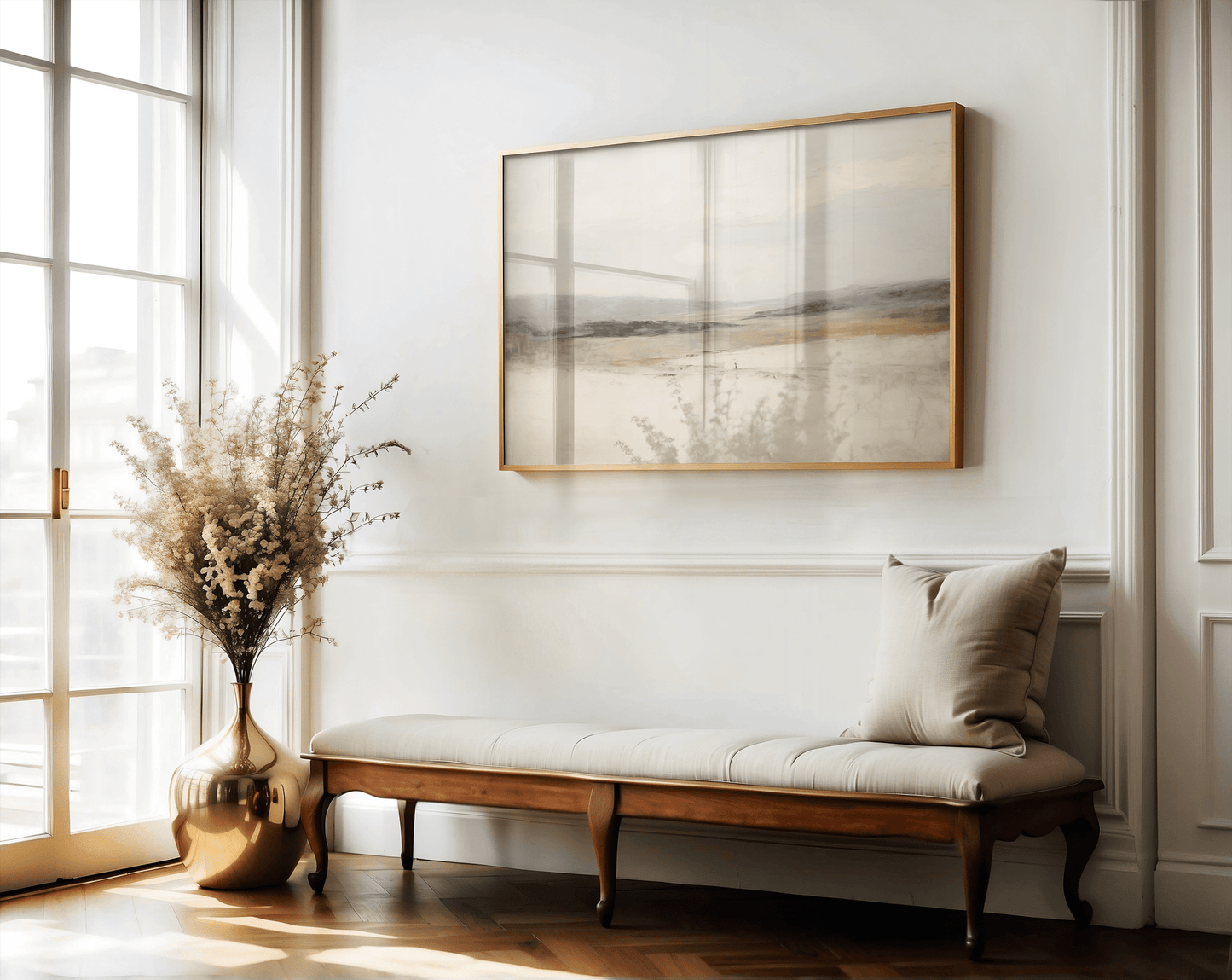 Framed Neutral Landscape Wall Art Above Wooden Entryway Bench with Soft Natural Light