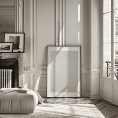 Framed mirror on a wall in an elegant living room with decorative molding and a large window. A white on white minimal abstract print with a black frame is on the floor against the wall next to the fireplace.