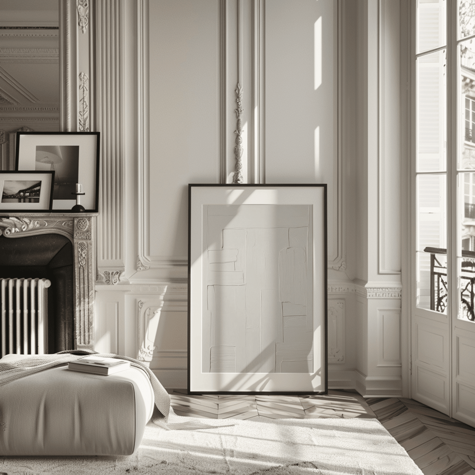 Framed mirror on a wall in an elegant living room with decorative molding and a large window. A white on white minimal abstract print with a black frame is on the floor against the wall next to the fireplace.