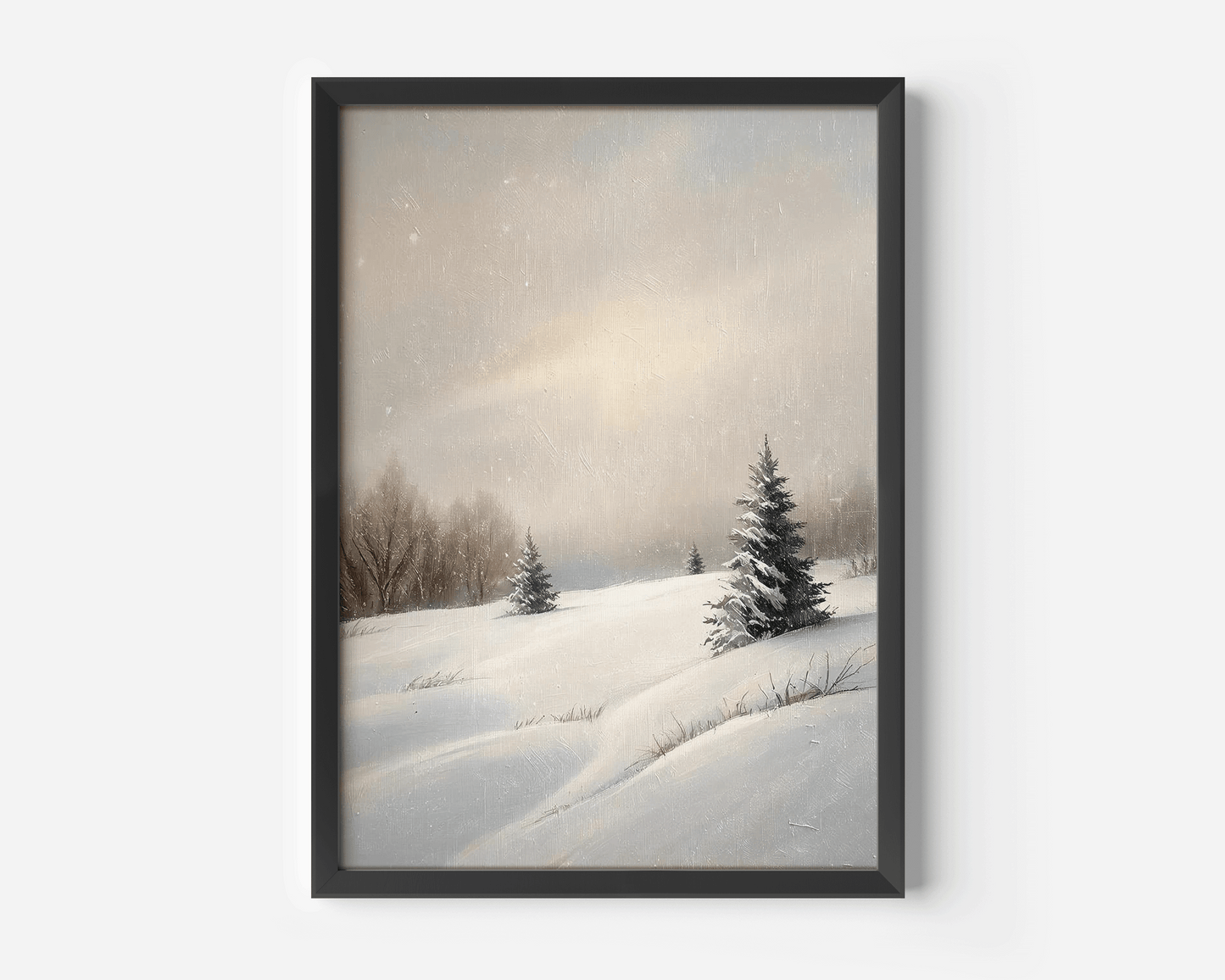 Close-up product photo of the snowy hill landscape artwork displayed in a sleek black frame on a plain white background