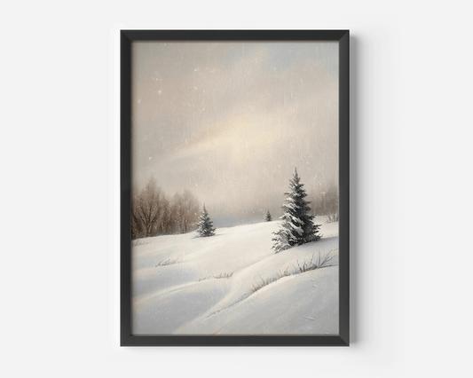 Close-up product photo of the snowy hill landscape artwork displayed in a sleek black frame on a plain white background