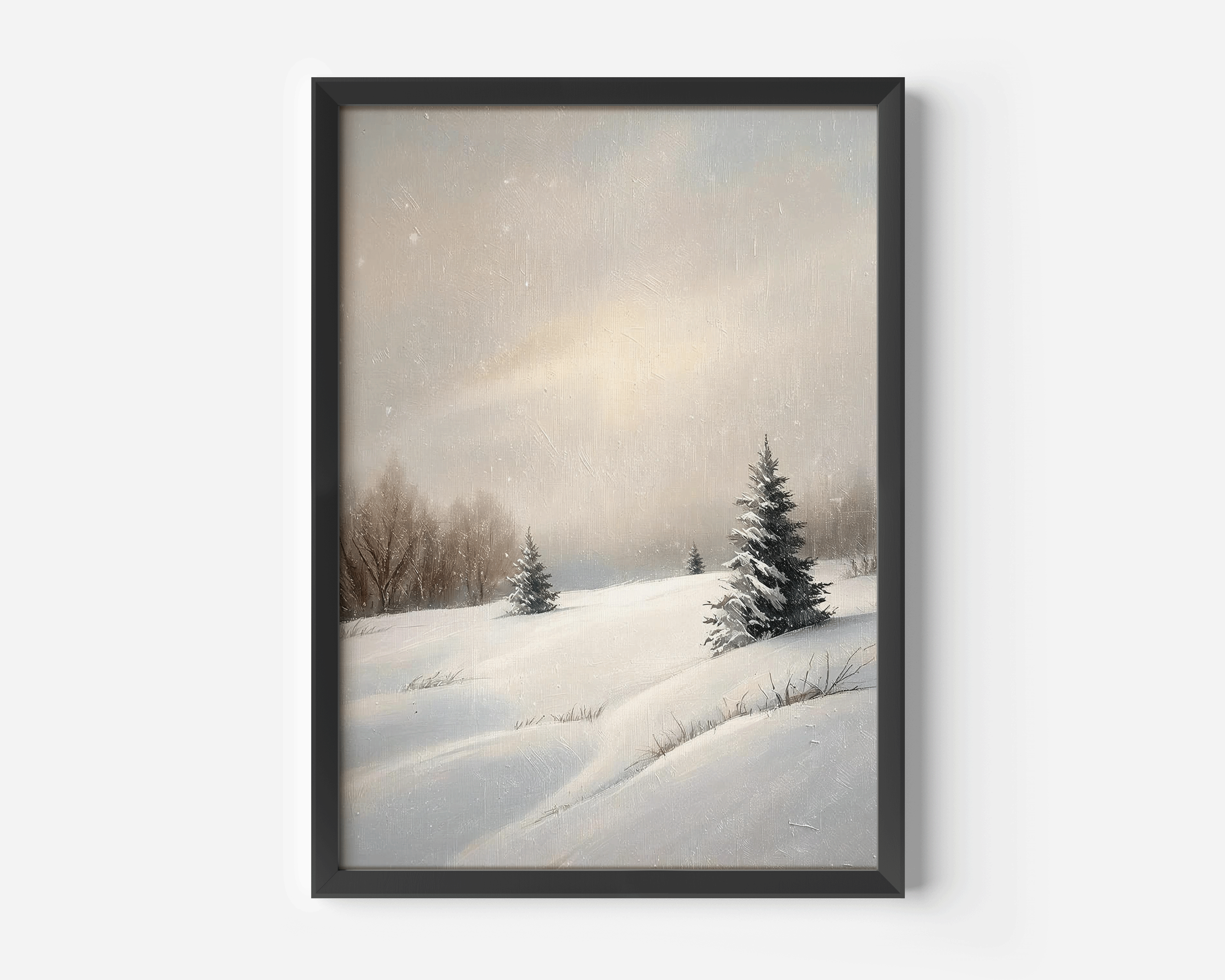 Close-up product photo of the snowy hill landscape artwork displayed in a sleek black frame on a plain white background