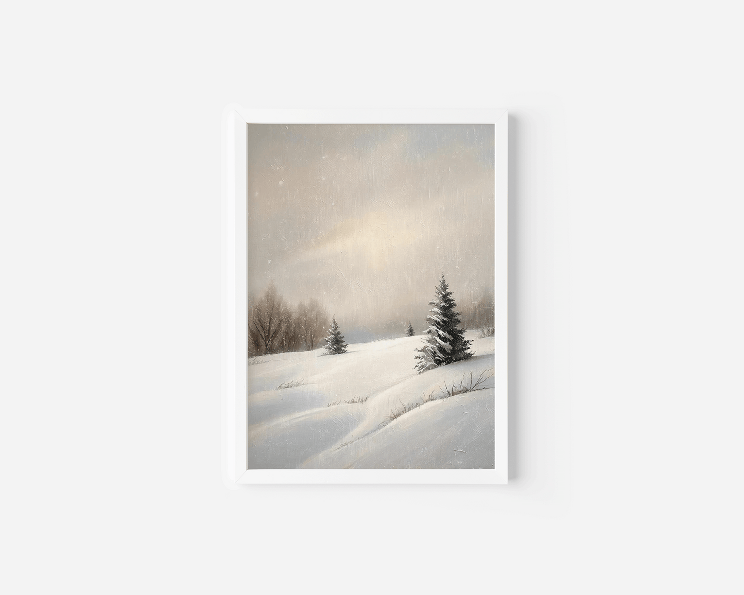 A neutral, winter snowy hill landscape printed in a white frame on a clean white background. A minimalist piece with neutral beige and green tones and evergreen trees with a muted sky.
