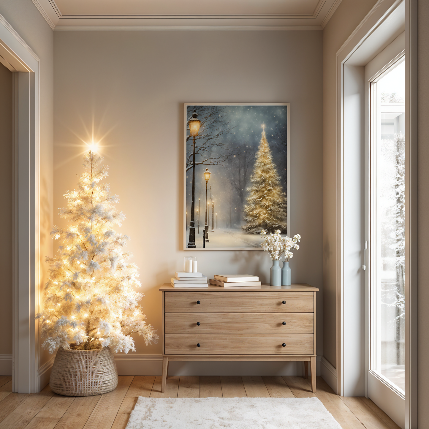 Framed fine art print showing a glowing golden Christmas tree along a snowy winter street with lampposts, styled in a bright cozy room with Scandinavian décor. Ralph Lauren Christmas holiday wall decor.