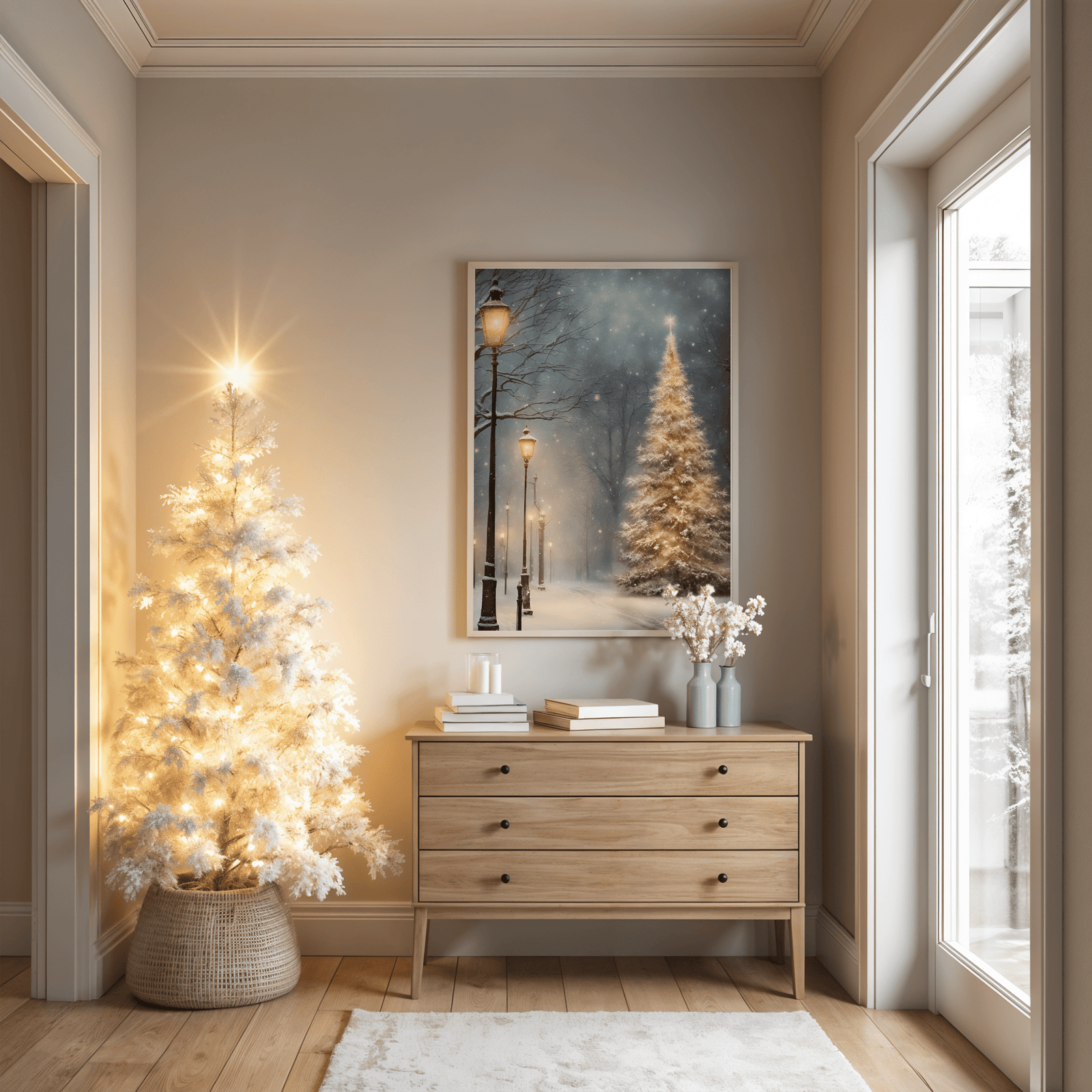 Framed fine art print showing a glowing golden Christmas tree along a snowy winter street with lampposts, styled in a bright cozy room with Scandinavian décor. Ralph Lauren Christmas holiday wall decor.