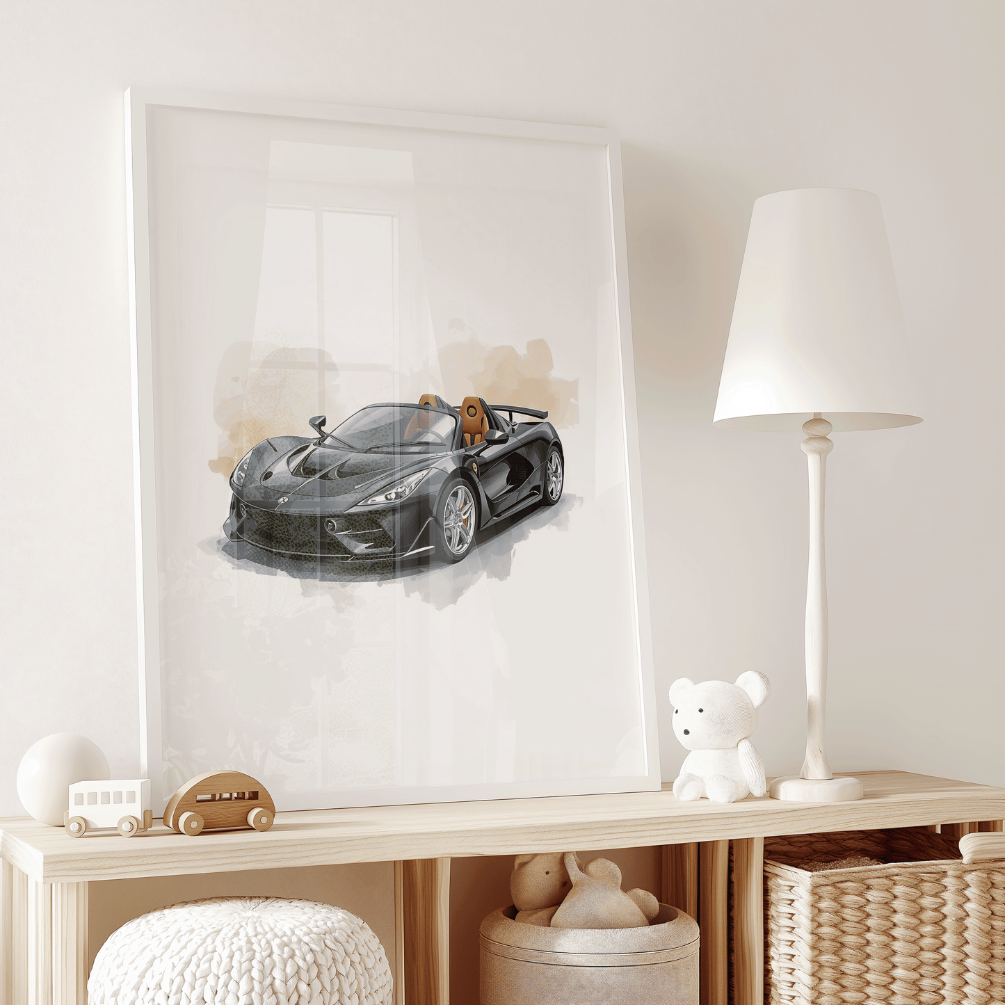 Stylish black sports car watercolor art leaning on a kids nursery shelf beside plush toys, wood cars, and wicker baskets, with window reflections highlighting the glossy race car details; a perfect match for hot wheels car wall art themes