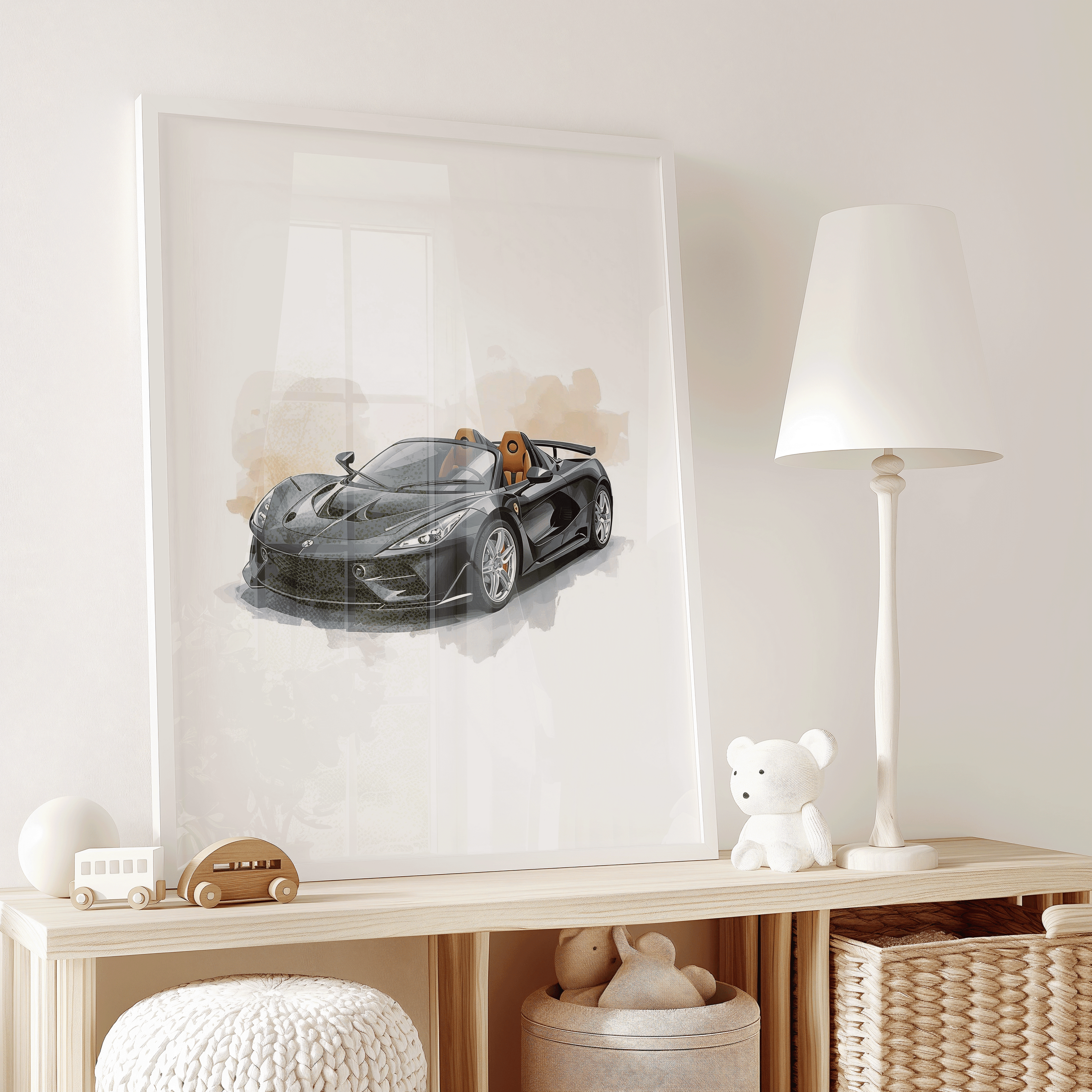 Stylish black sports car watercolor art leaning on a kids nursery shelf beside plush toys, wood cars, and wicker baskets, with window reflections highlighting the glossy race car details; a perfect match for hot wheels car wall art themes