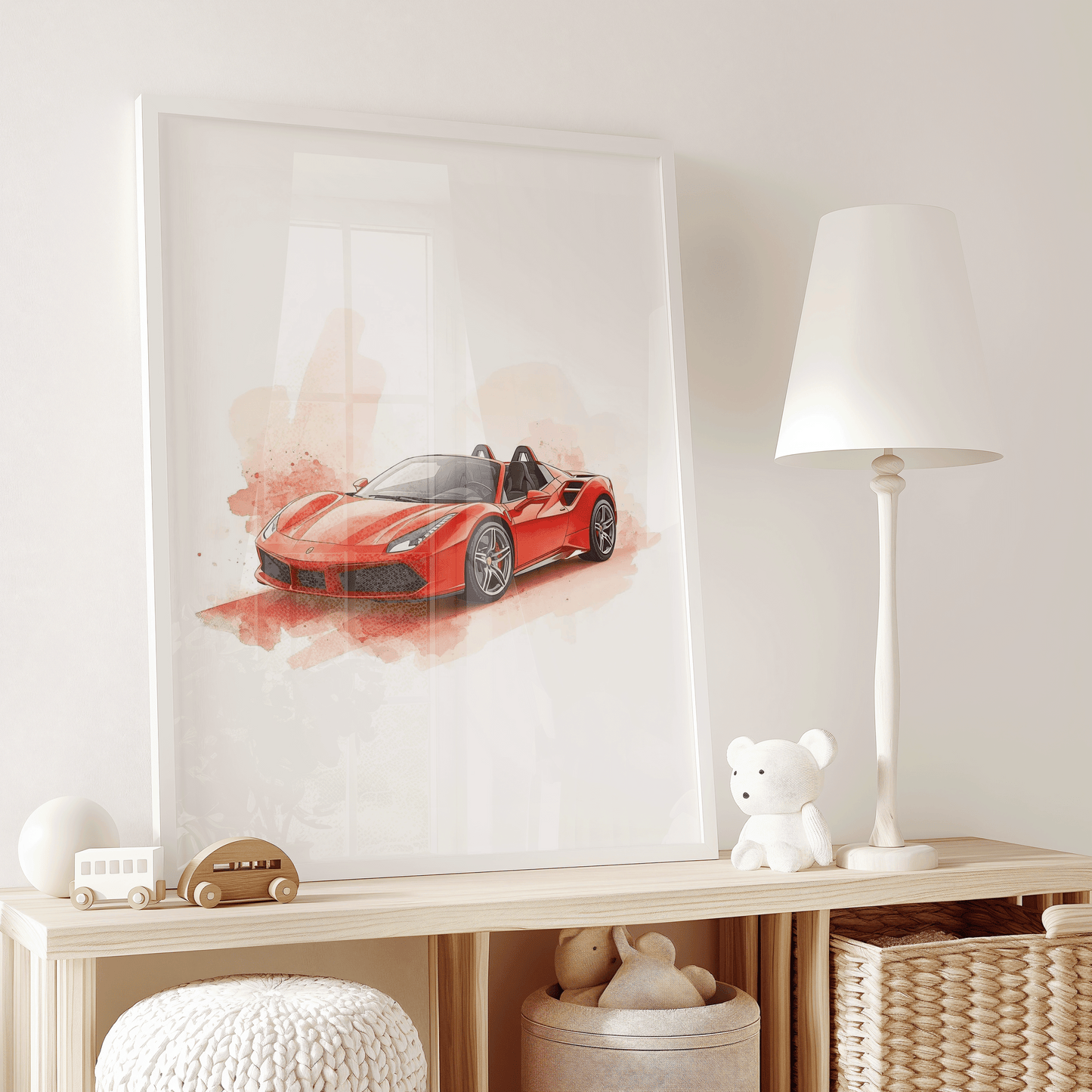 Red sports car watercolor artwork leaned on a kids nursery shelf surrounded by plush toys, wicker baskets, and a wooden toy truck, with bright window reflections illuminating the artwork; fitting for boys nurseries inspired by hot wheels car wall art