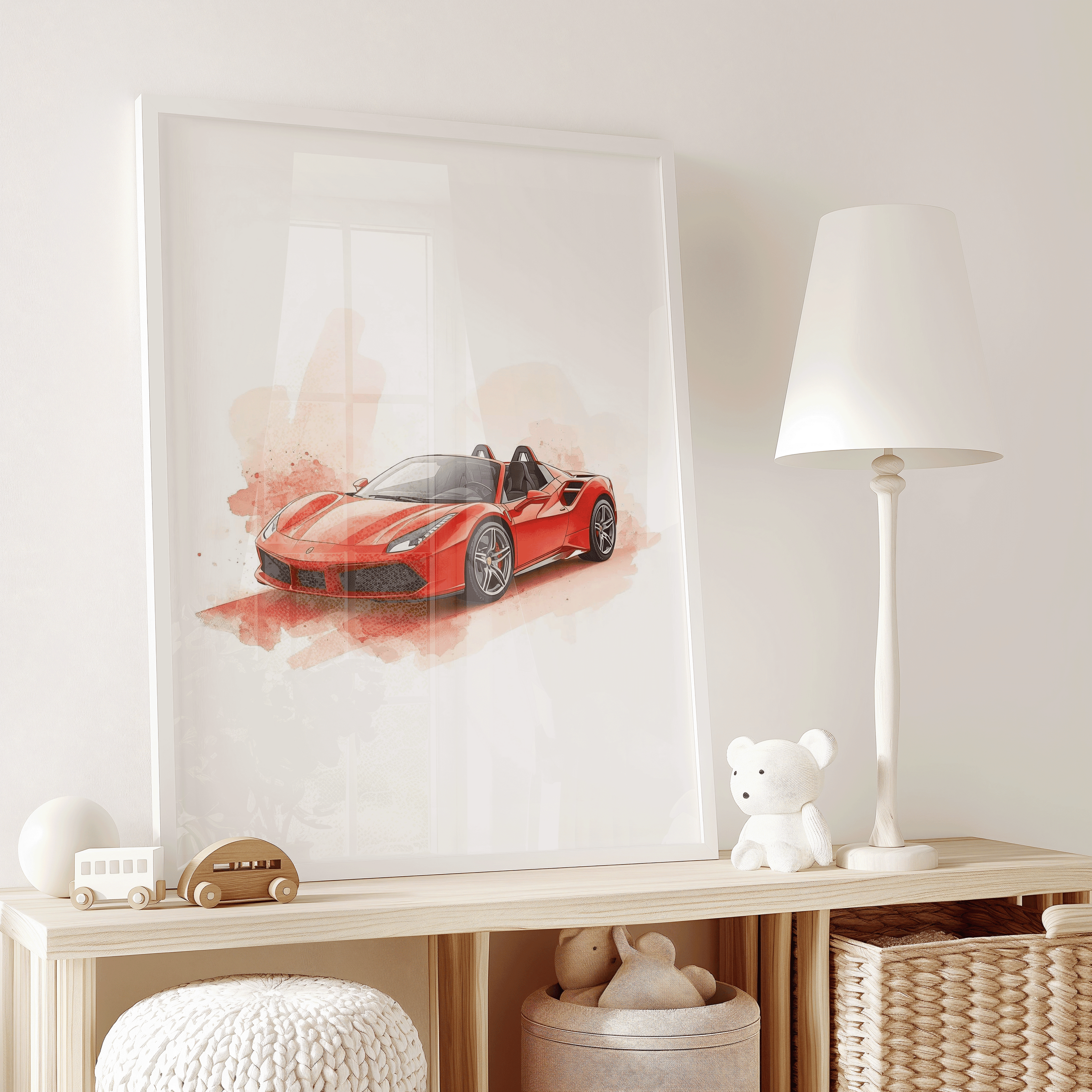 Red sports car watercolor artwork leaned on a kids nursery shelf surrounded by plush toys, wicker baskets, and a wooden toy truck, with bright window reflections illuminating the artwork; fitting for boys nurseries inspired by hot wheels car wall art