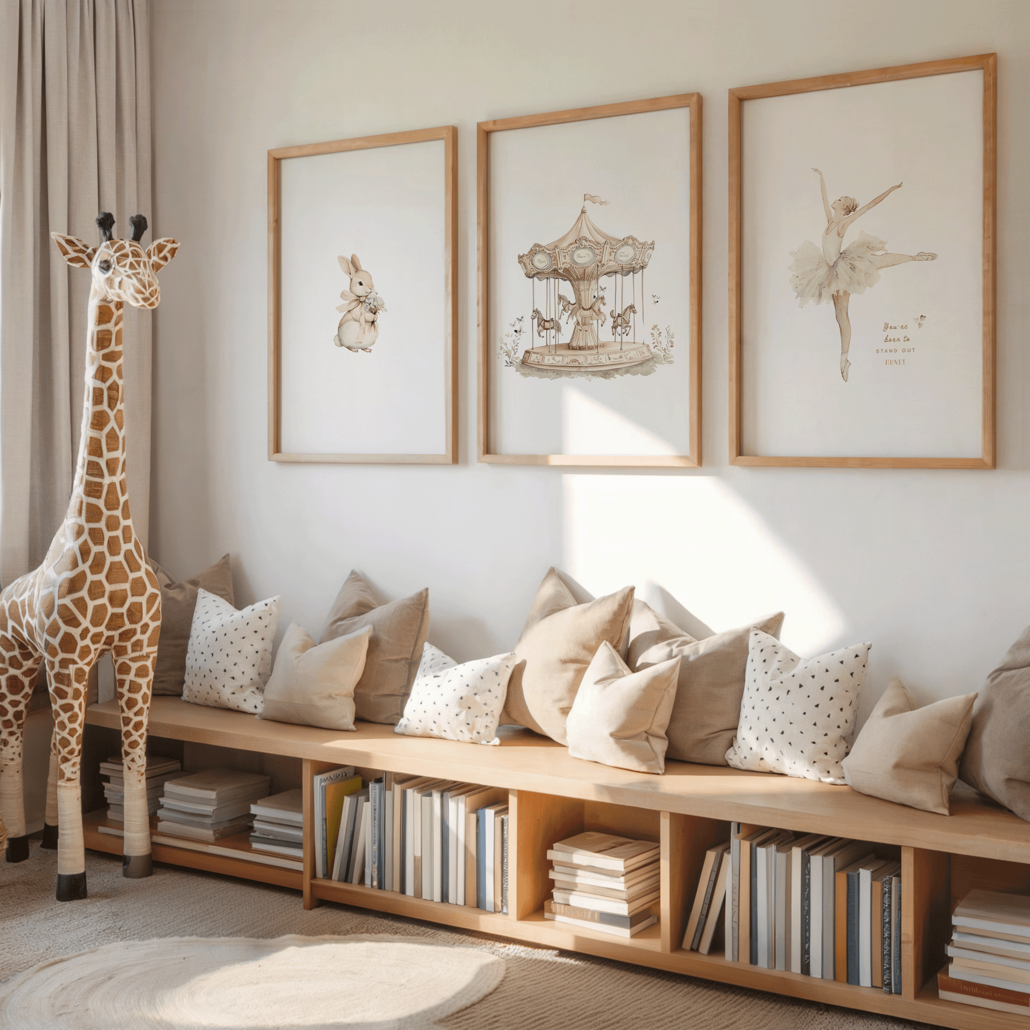Set of 3 vintage nursery wall art prints framed above a wooden bench with books, pillows and a plush giraffe in a playroom. Artwork features a vintage carousel print in a wooden frame, a neutral antique style bunny rabbit, and a vintage ballerina in a tutu